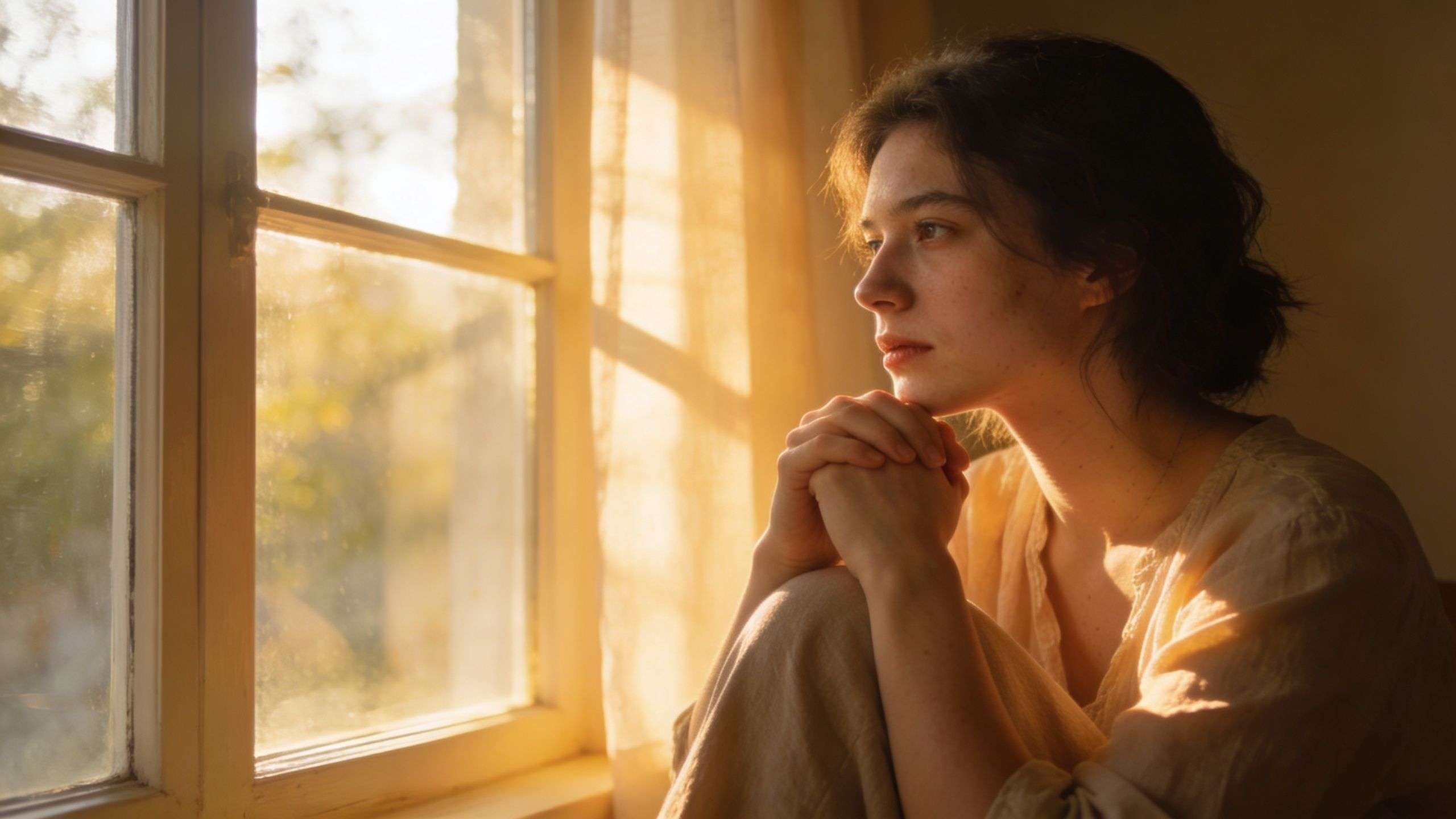 A contemplative young woman with dark hair sits by a sunlit window, looking out with thoughtful eyes.