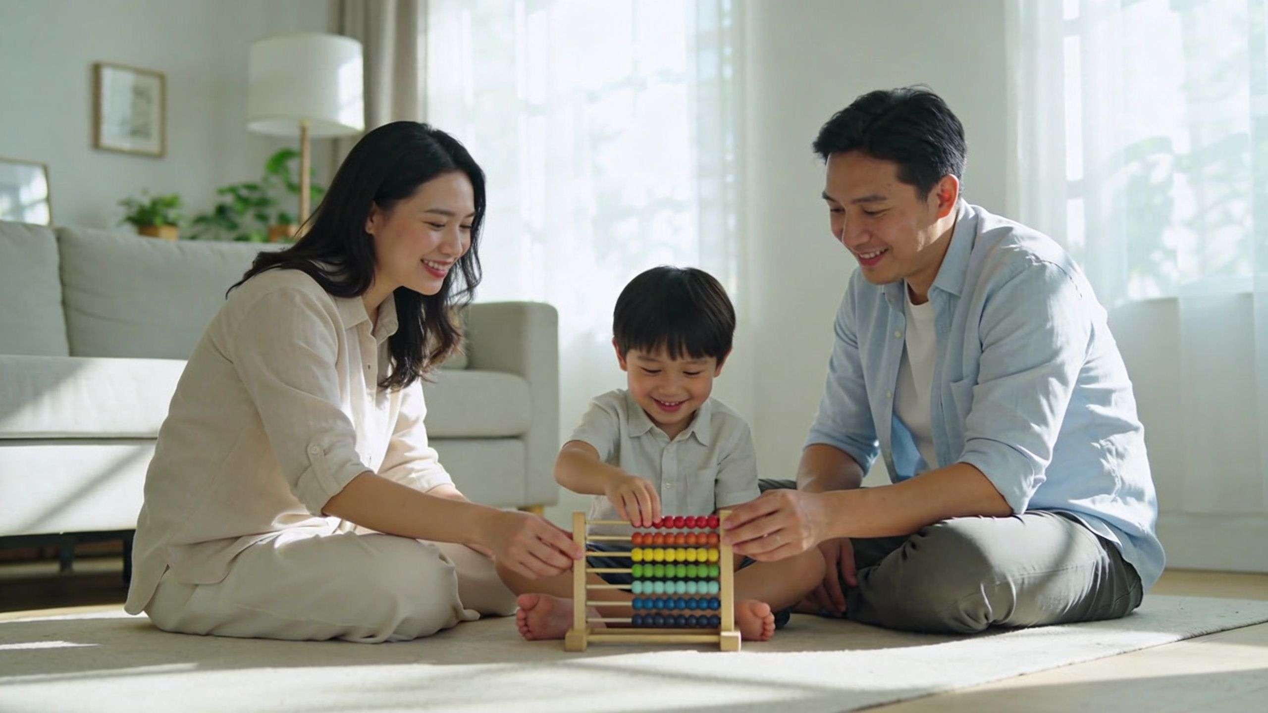 A happy young Asian family sitting on the floor in a bright room playing with an abacus.