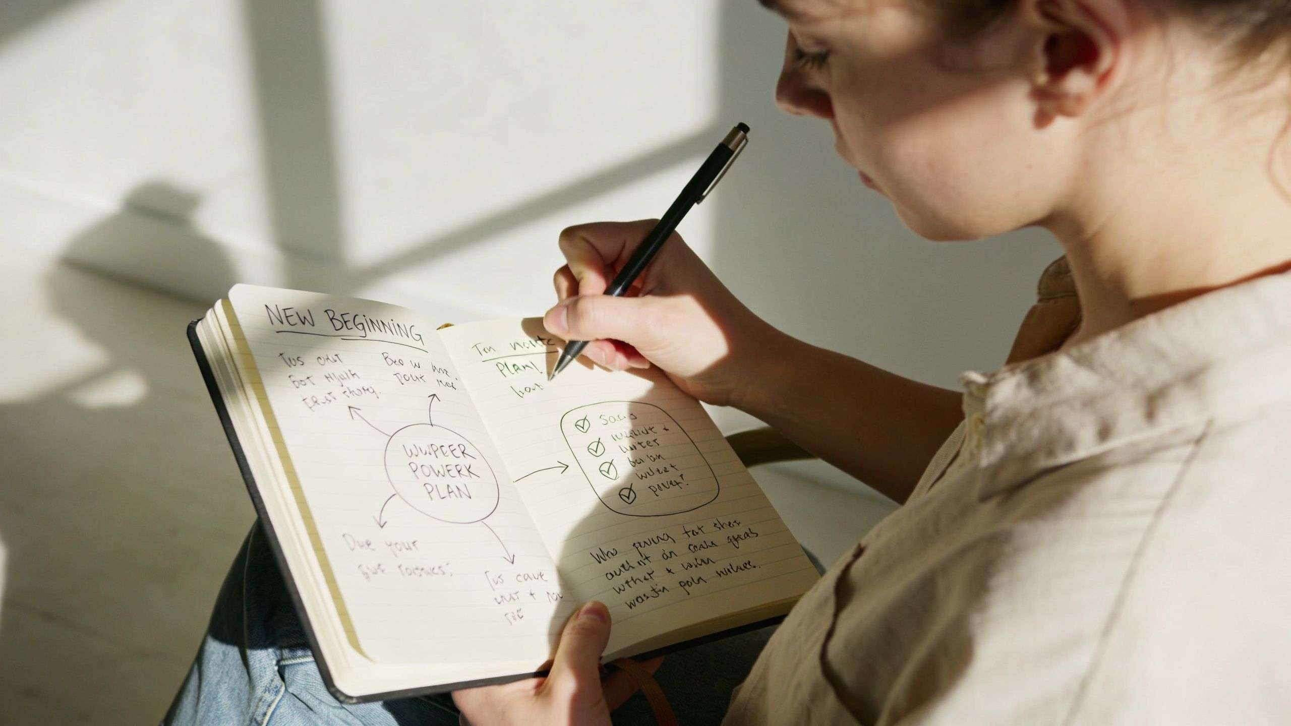 A person writing in a notebook titled new beginning, outlining plans and personal goals while seated.