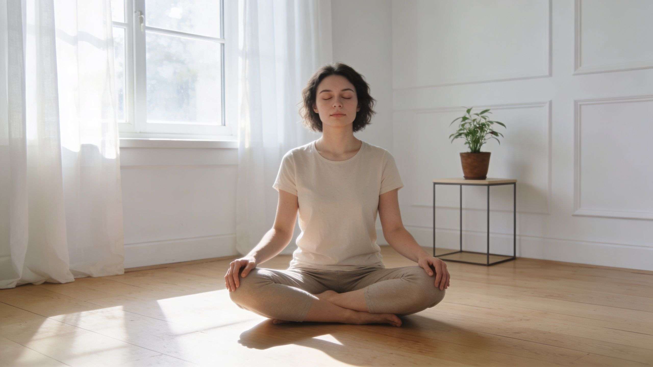 A young woman with short hair practicing mindfulness meditation while sitting cross-legged on a wooden floor.