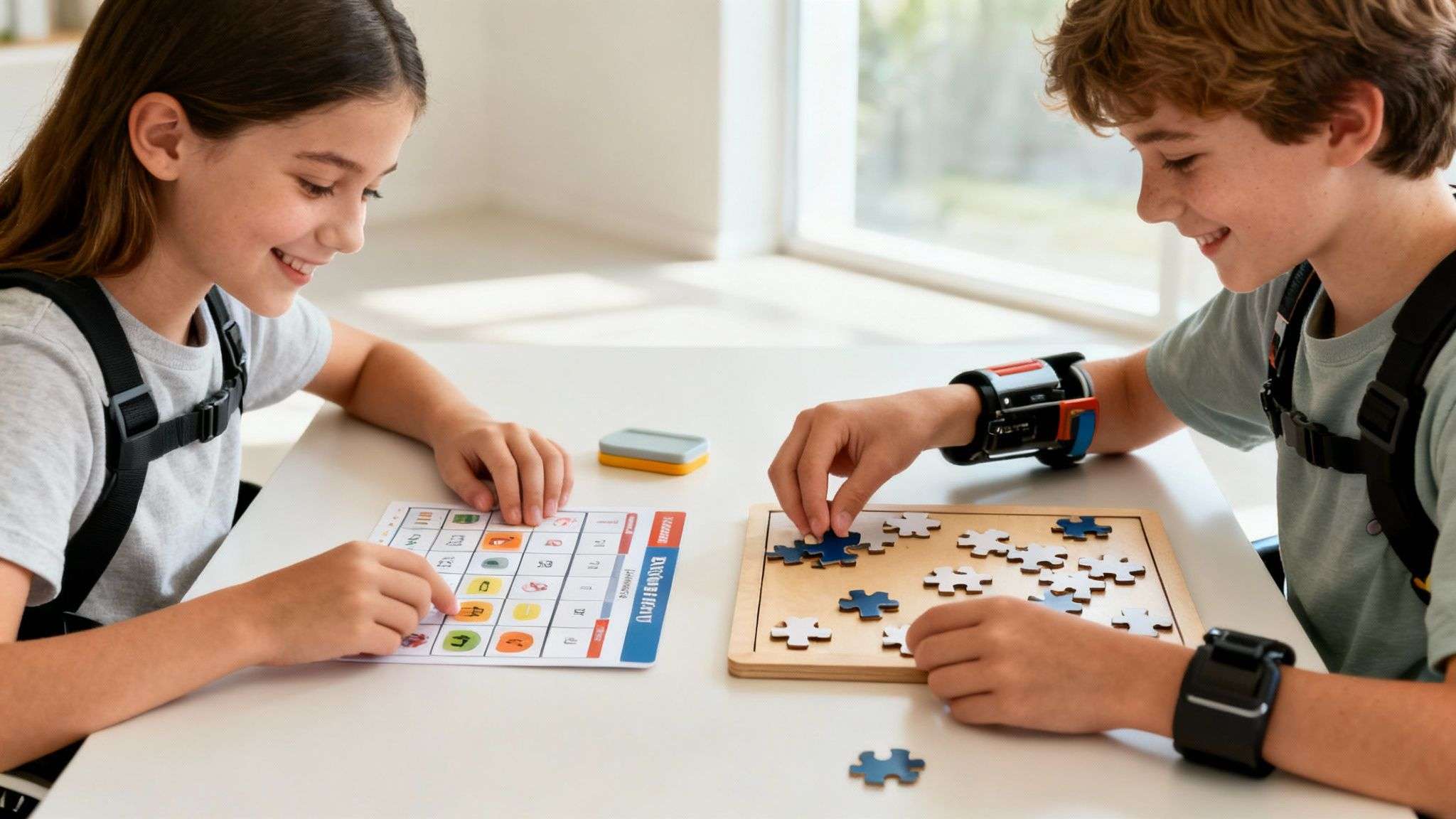 Two children with adaptive devices joyfully play puzzles and learning games at a table.