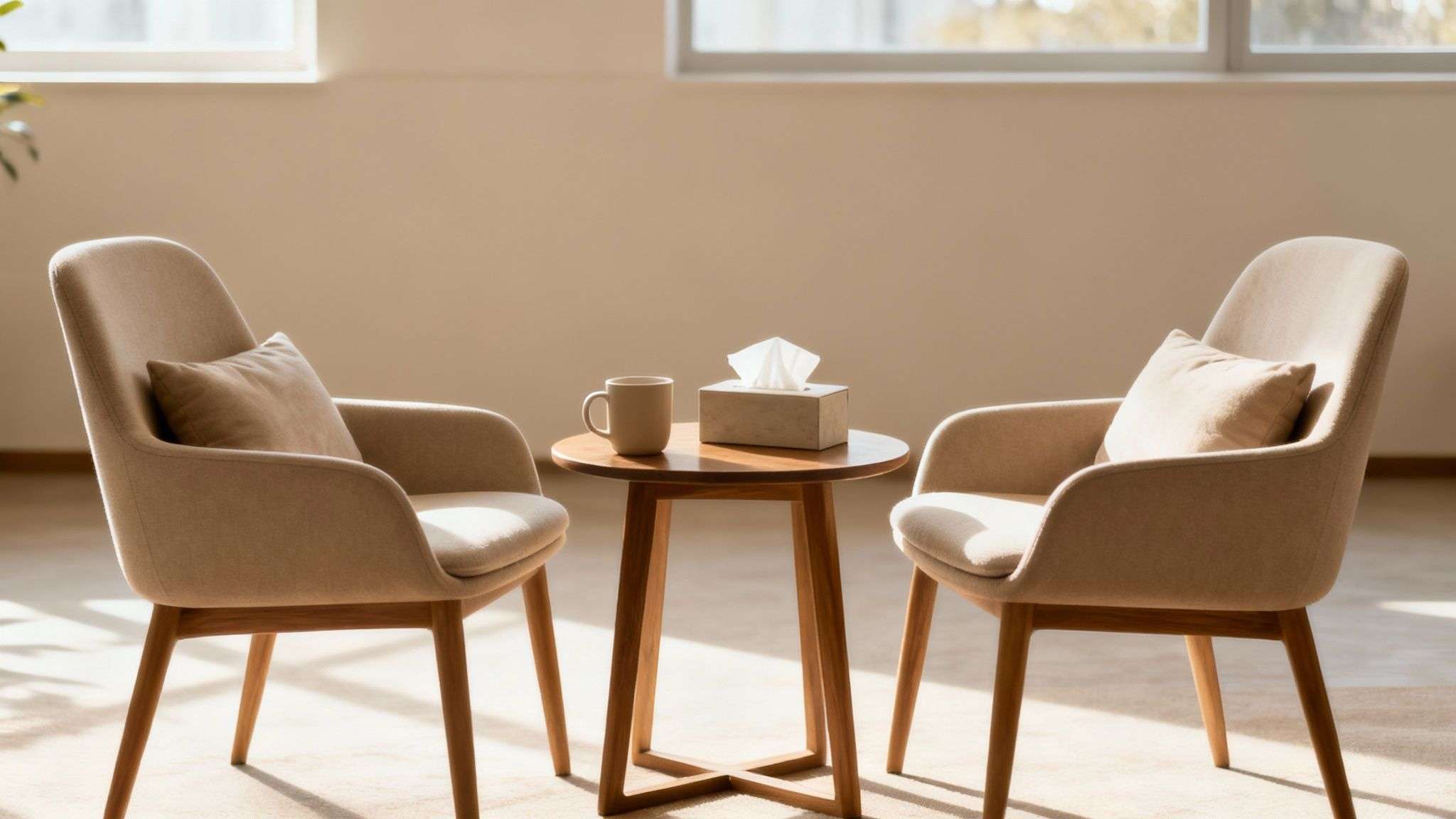 Two comfortable armchairs facing each other with a small table, mug, and tissue box, ideal for therapy.