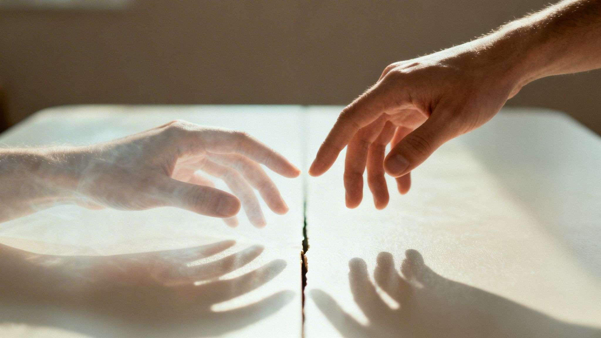 Two hands reaching out, one real and one ethereal, almost touching across a divide.