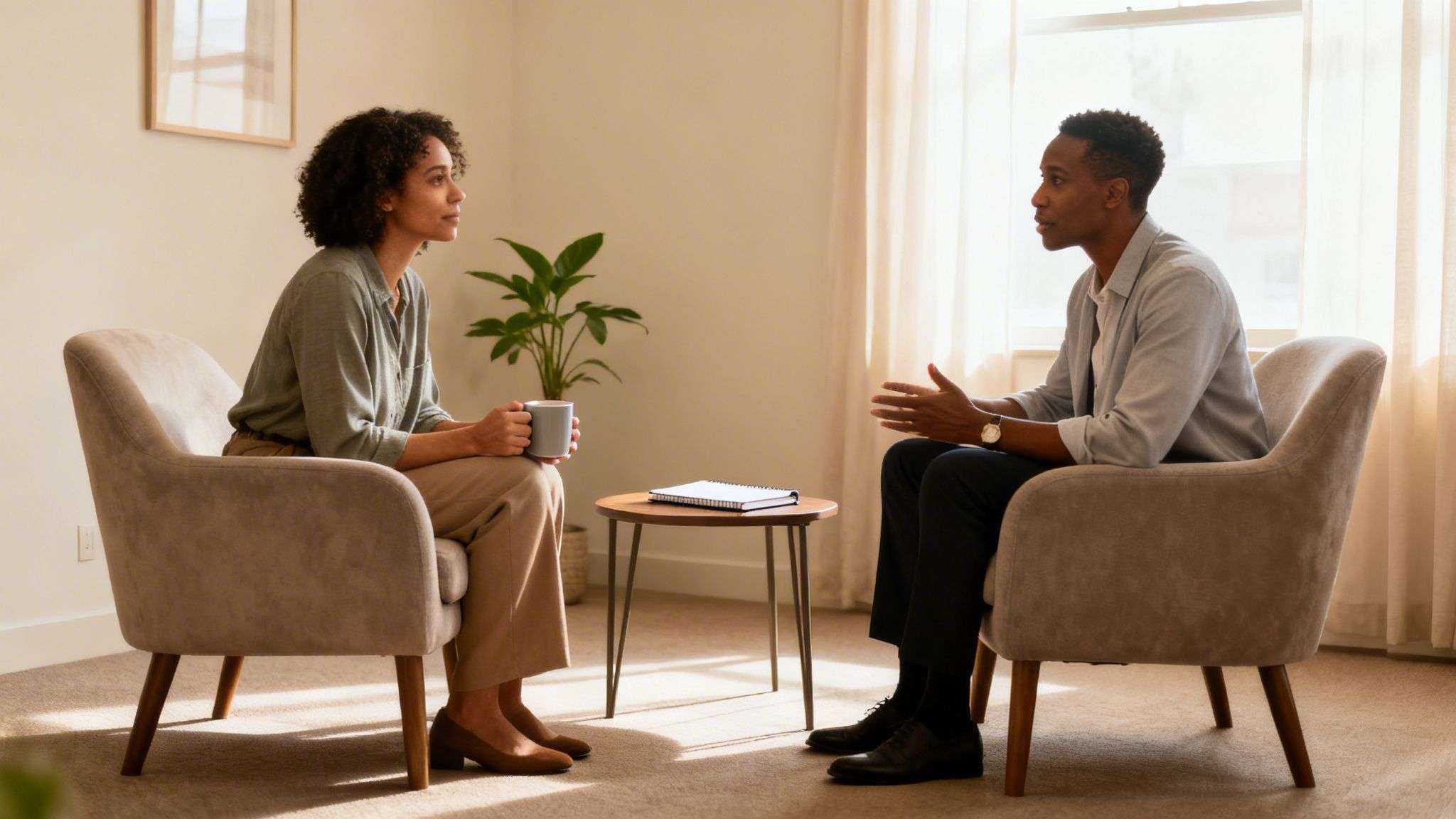 Two individuals in armchairs, facing each other and deeply engaged in conversation, possibly a therapy session.