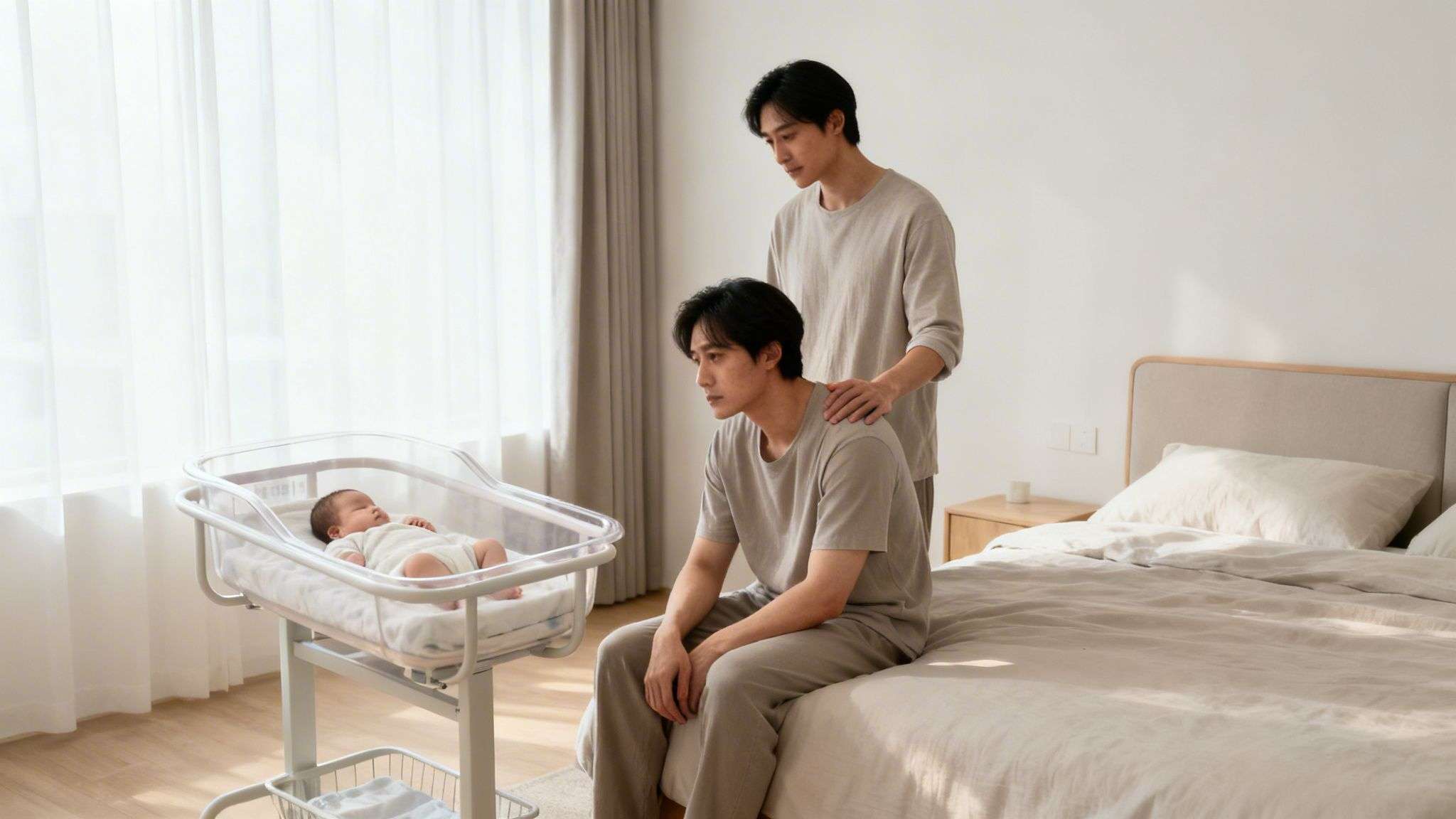 Two men, one looking sad on a bed, gets comfort from partner while looking at their sleeping baby.