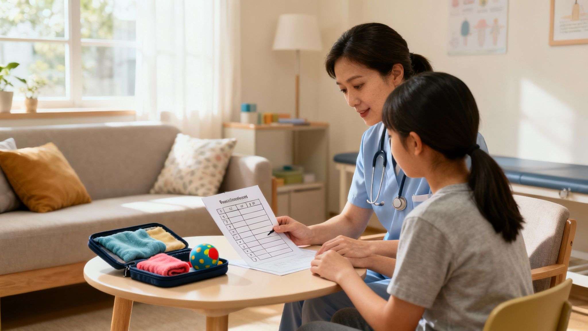 Two people in a comfortable setting, collaborating over a notebook, symbolizing a supportive therapy session.