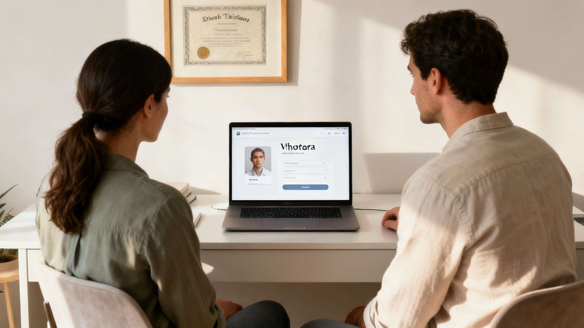 Two people looking at a laptop screen displaying a login page on a white desk.