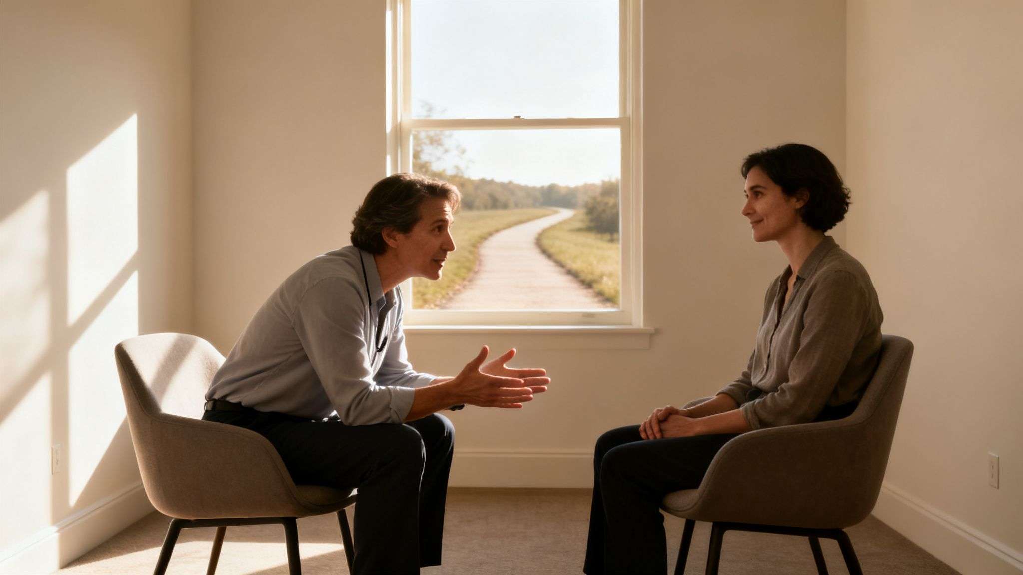 Two people sit facing each other in a bright, modern room with a window showing a path.