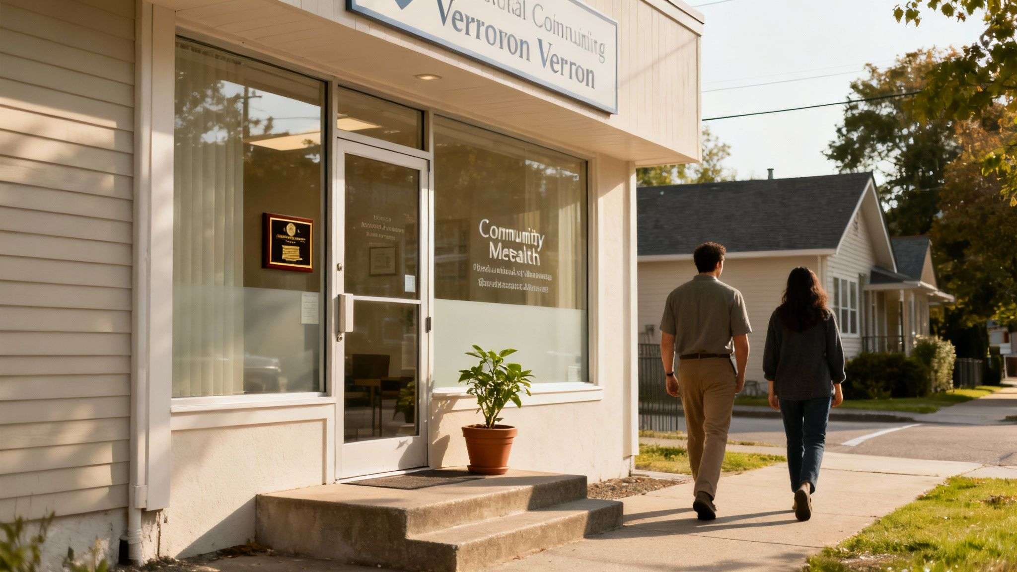 Two people walk away from a community health clinic building with a "Verron Verron" sign.