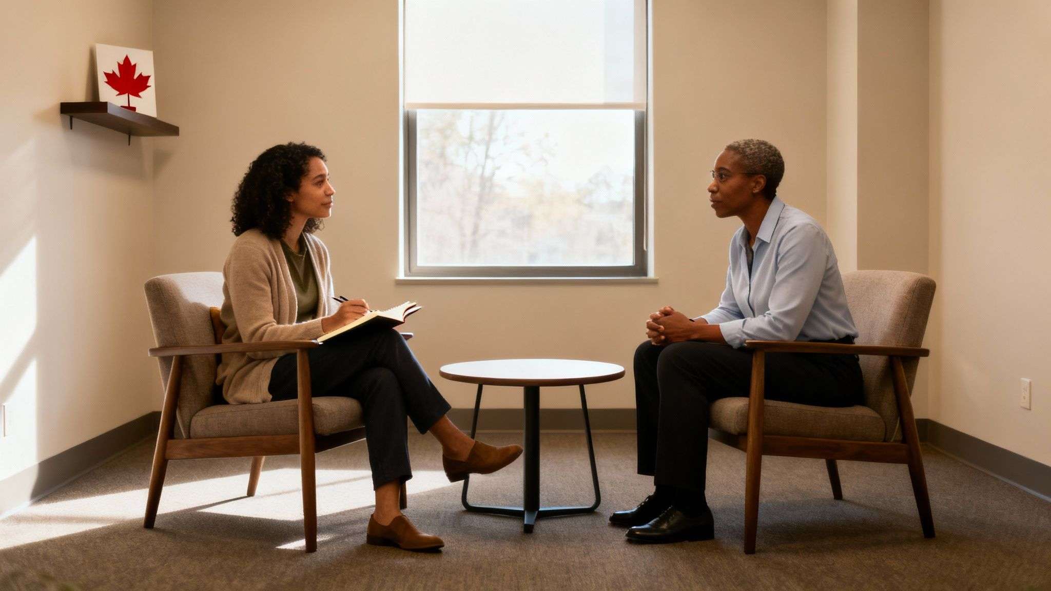 Two women engaging in a serious discussion in a modern office setting.
