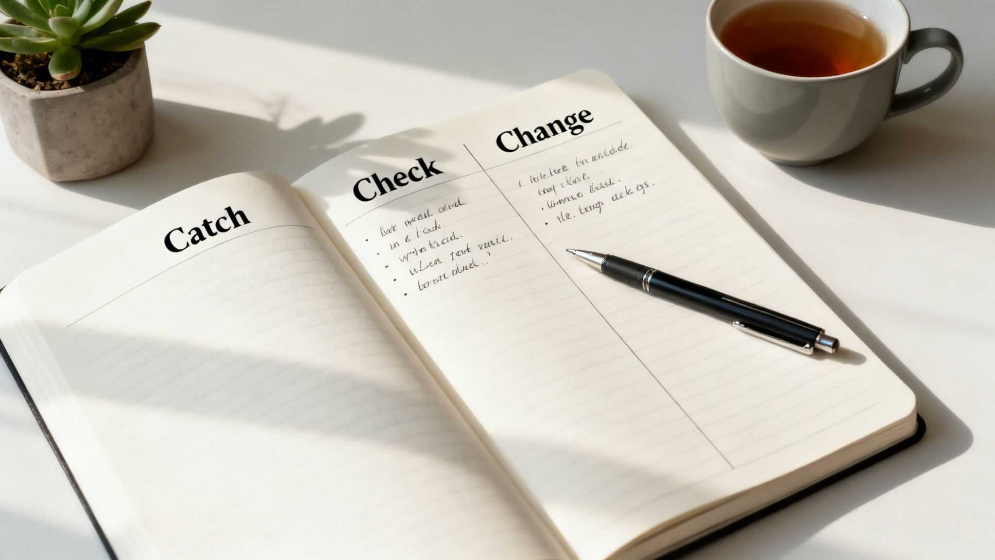 Open notebook on a white desk, displaying 'Catch, Check, Change' headings, handwritten notes, and a pen.