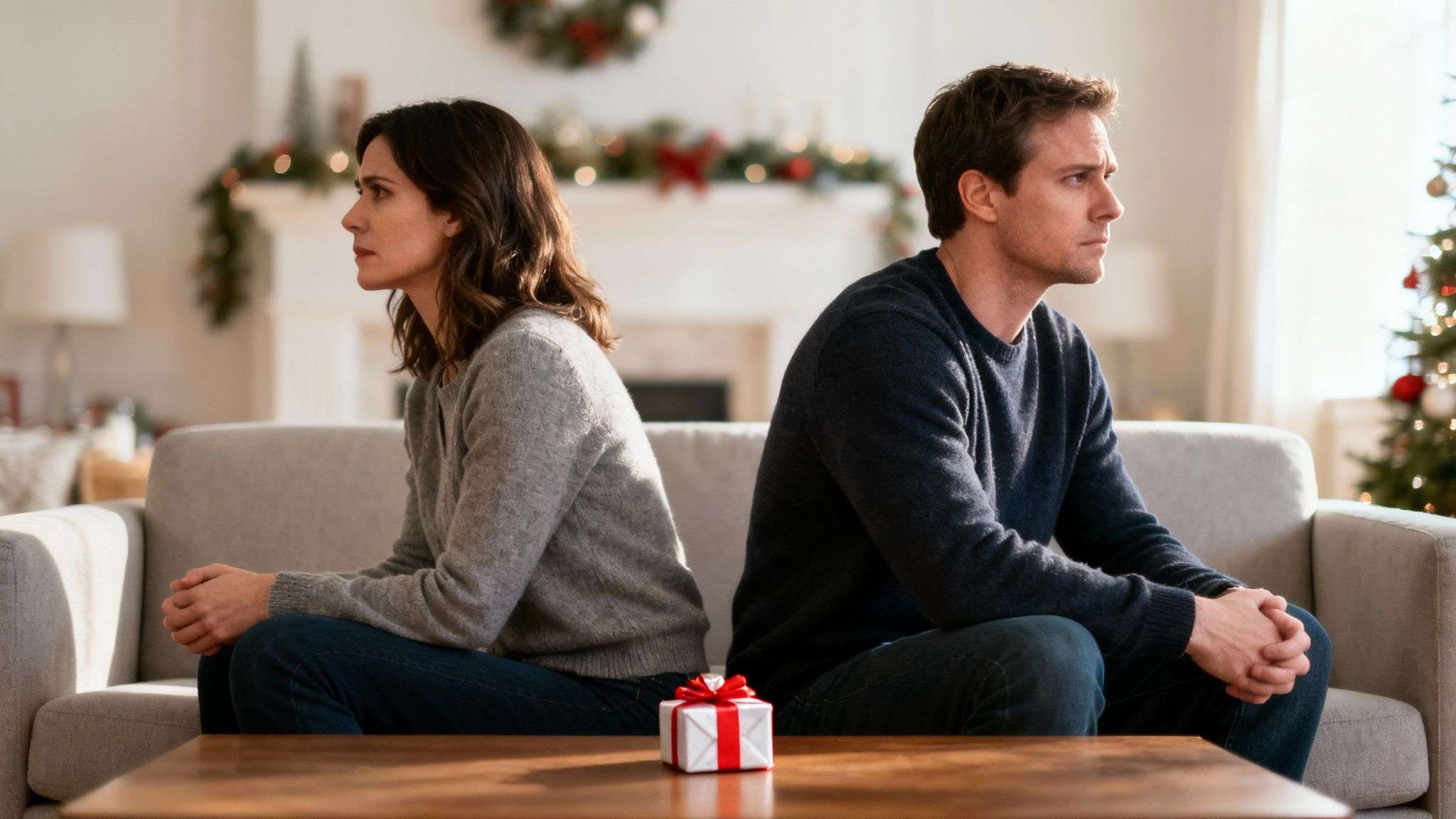 Upset couple sitting back-to-back on a sofa with a small Christmas gift, symbolizing holiday stress.