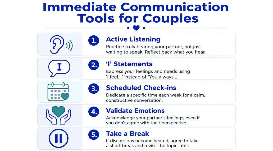 An infographic titled Immediate Communication Tools for Couples listing five key strategies for better relationship communication.