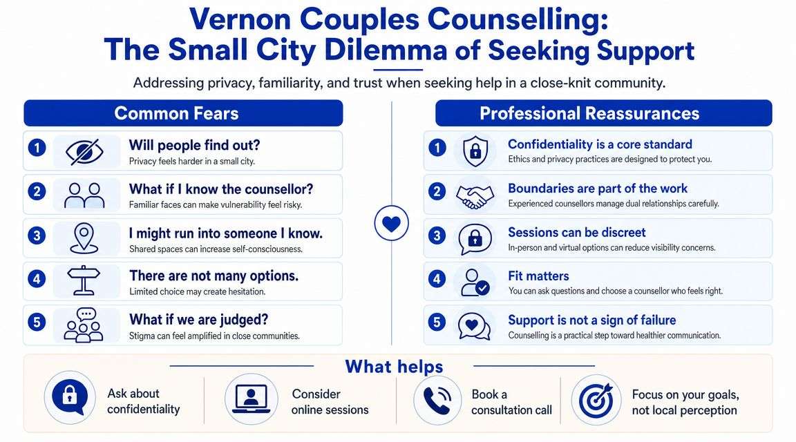 An infographic outlining the common fears and professional reassurances for couples seeking counselling in a small city.
