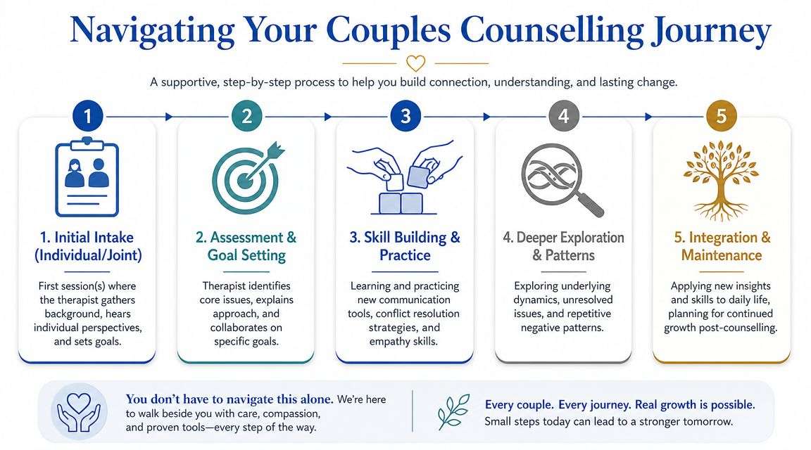 A five-step infographic titled Navigating Your Couples Counselling Journey outlining the process of therapy for relationships.