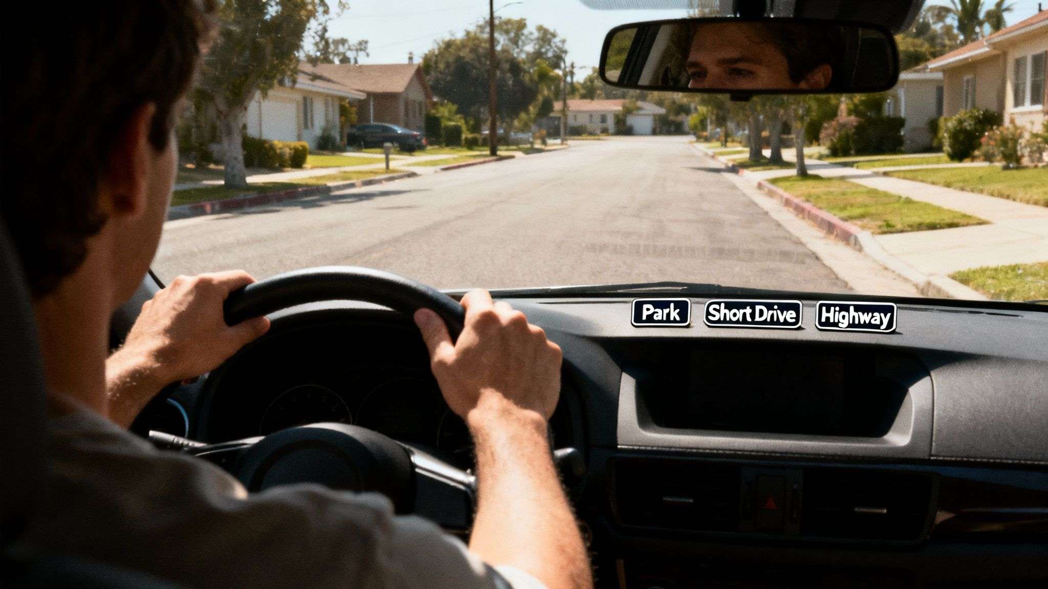 View from a car showing a driver's hands on the steering wheel, driving on a residential street with mode options.