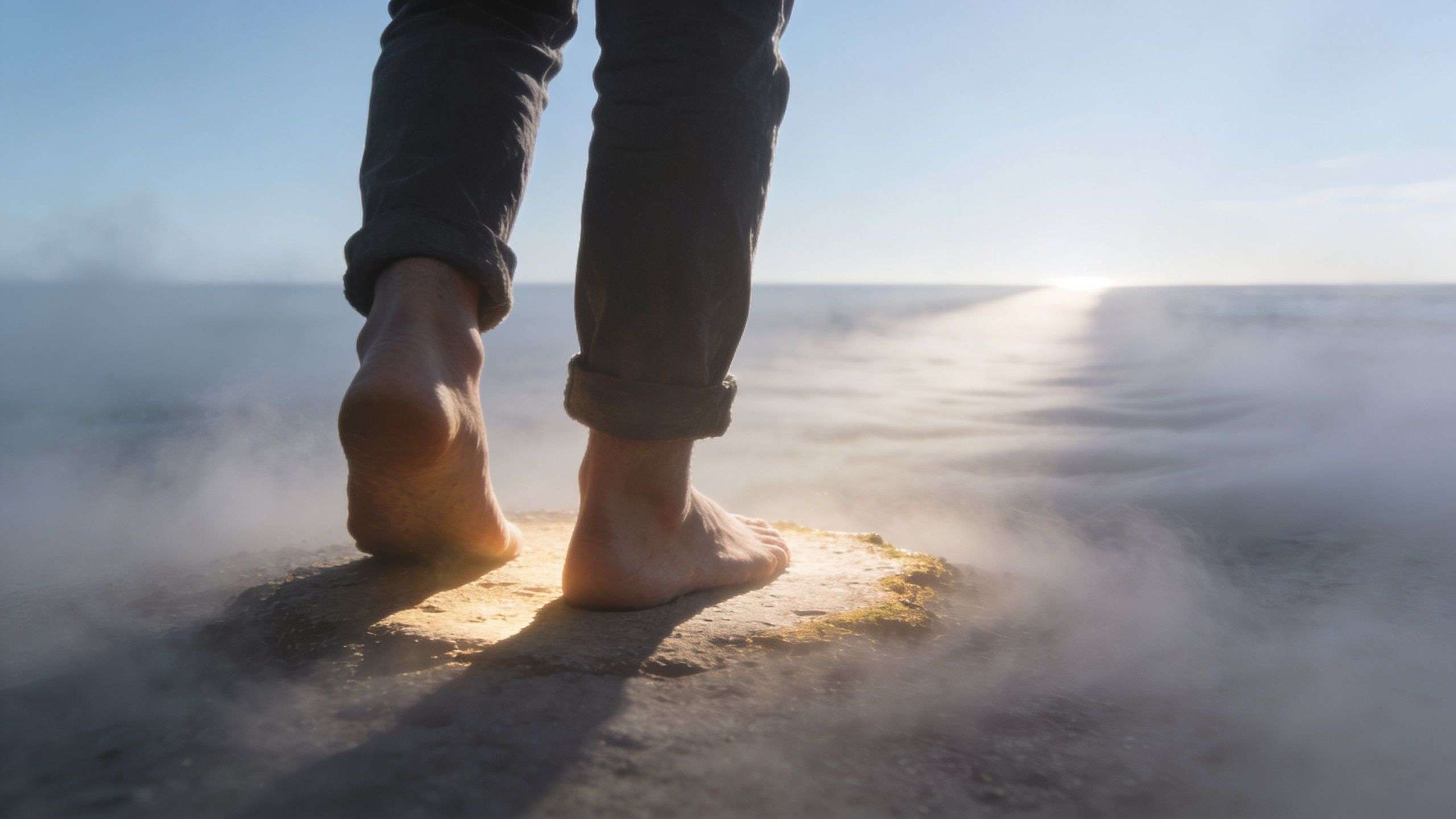 A person standing barefoot on a small stone surrounded by thick fog, representing emotional isolation.