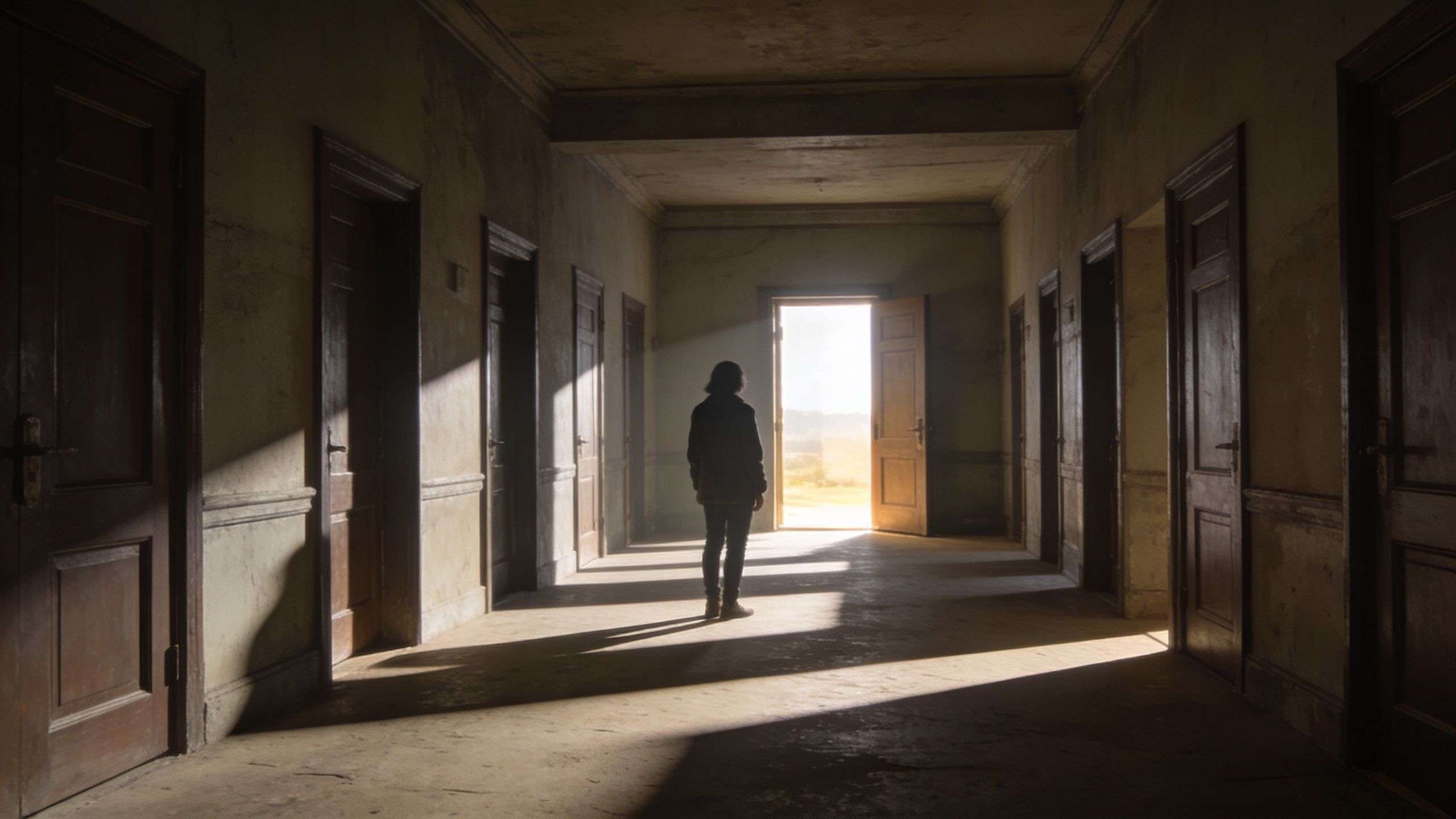 A silhouette of a person standing in a long, dim hallway looking toward an open, bright door.