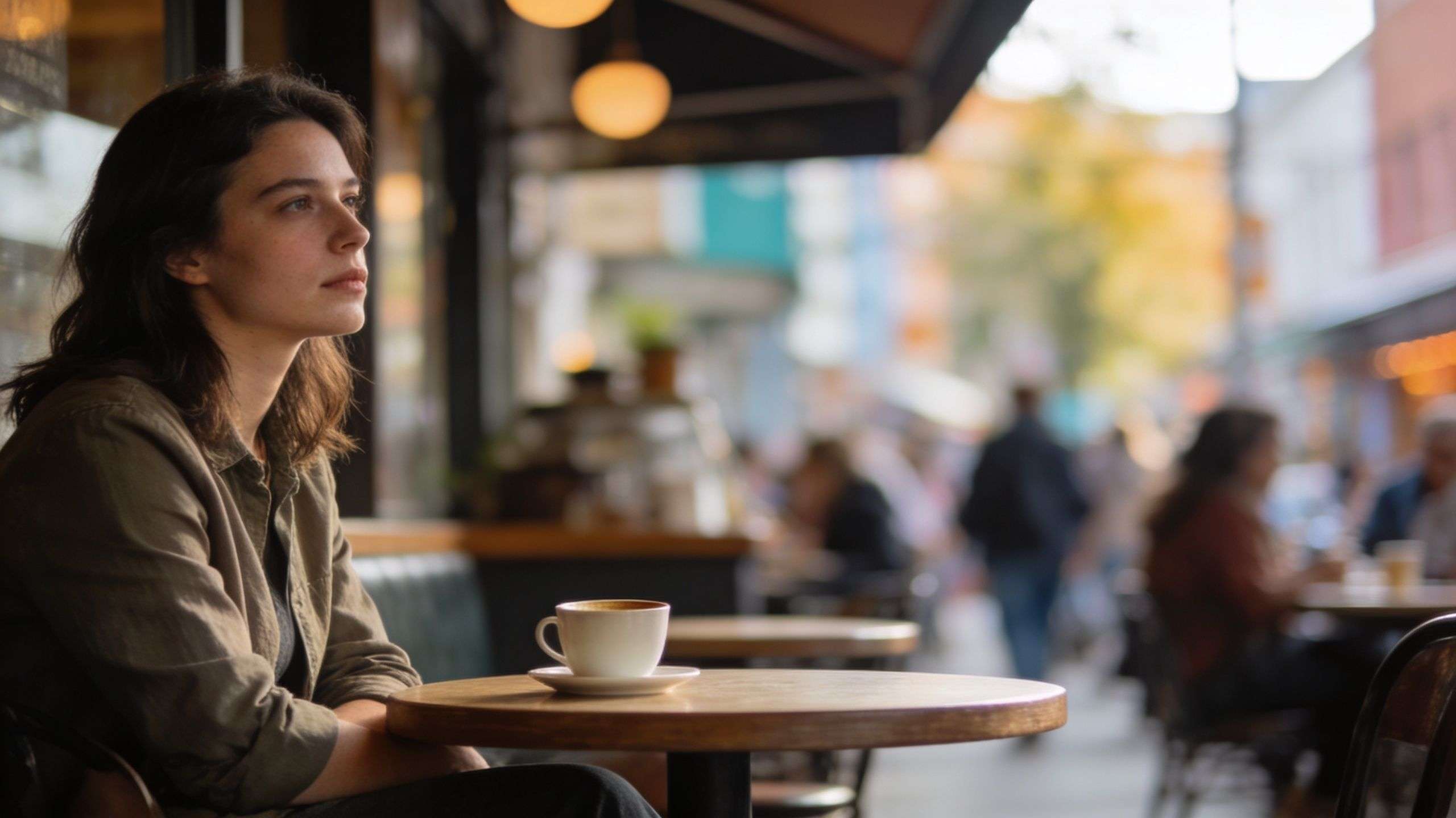 A pensive woman sits alone at a sidewalk cafe, reflecting on her thoughts with a coffee.