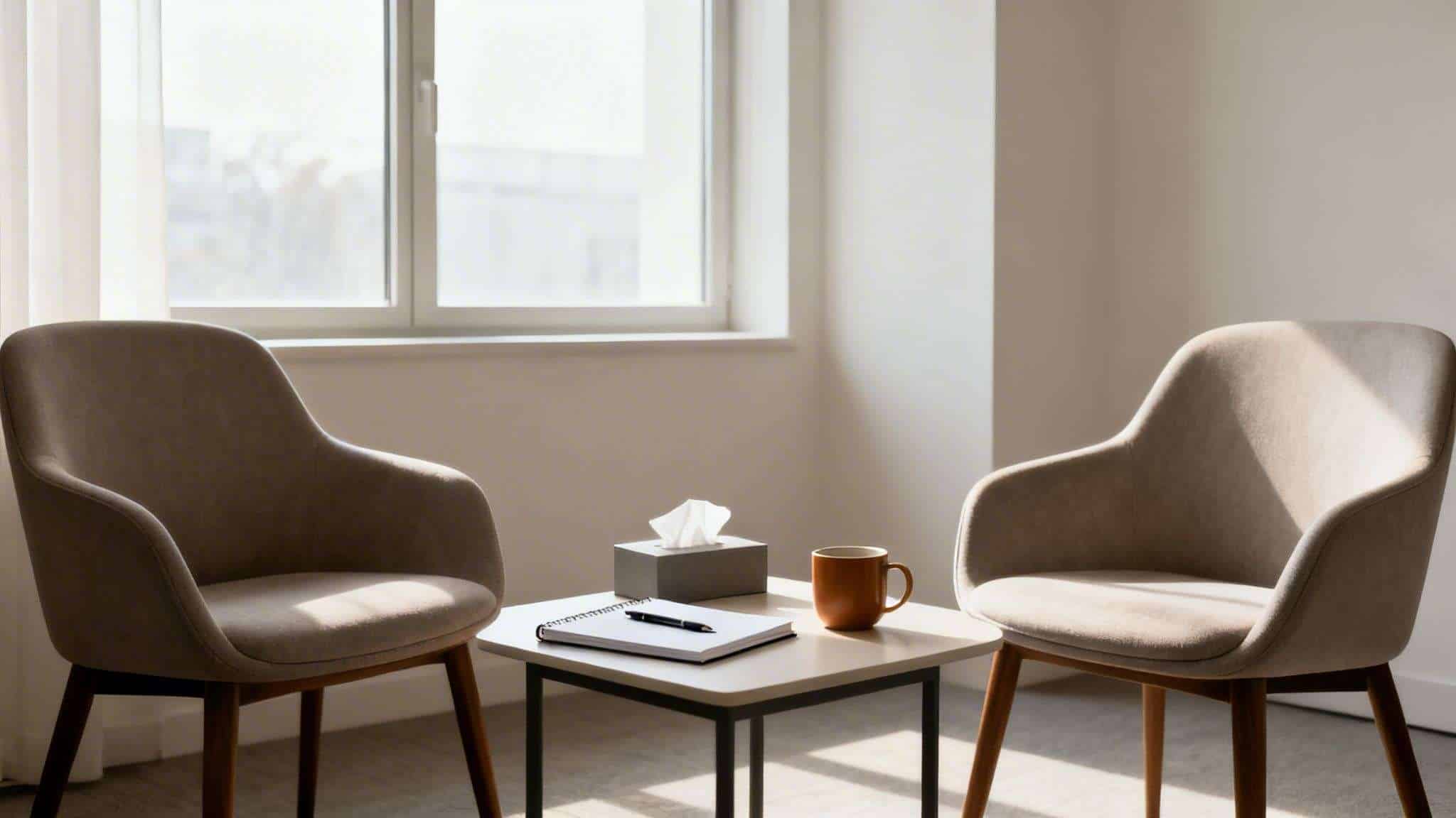 A quiet counseling room with two armchairs, a table with tissues, notebook, and mug.