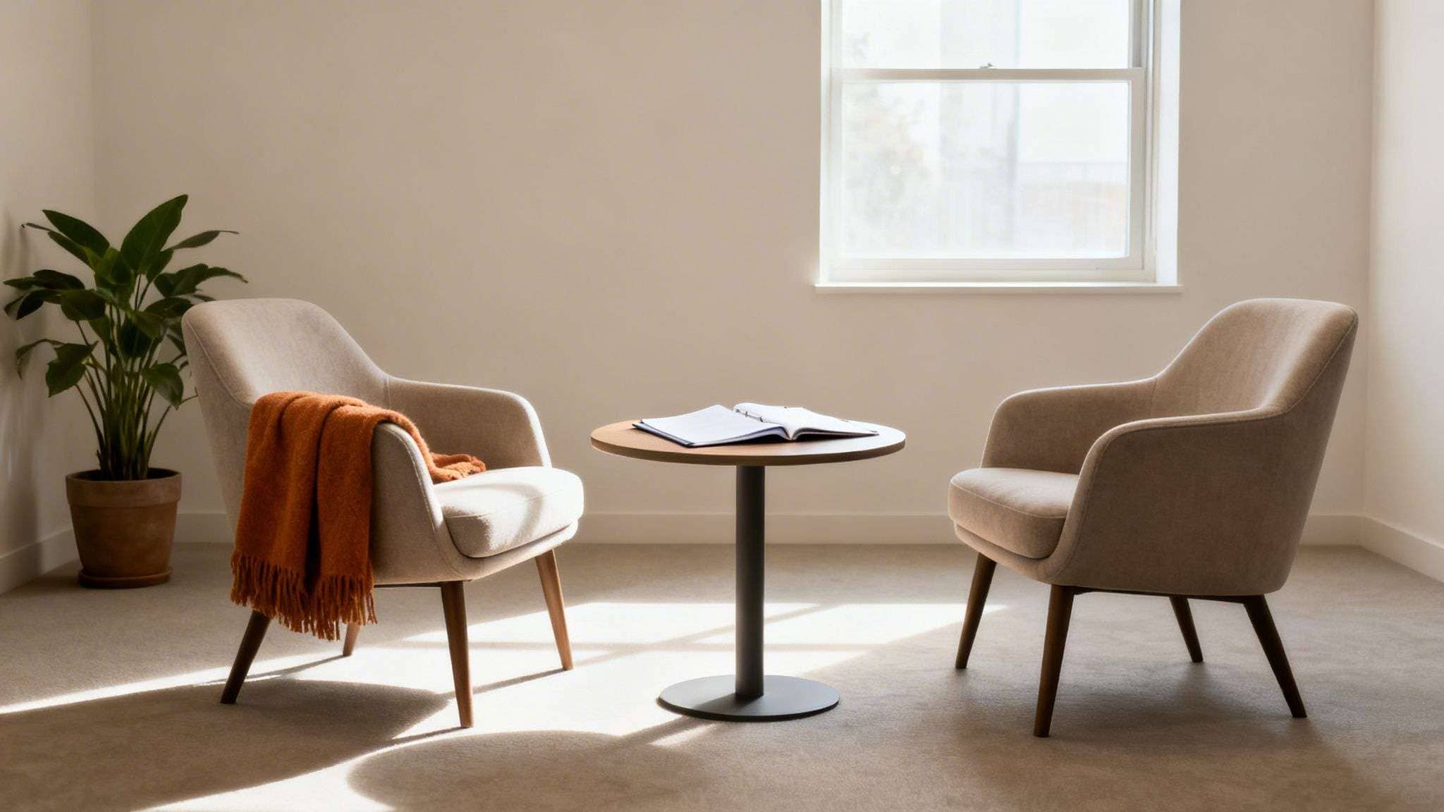 Comfortable counseling room with two armchairs, a small table, a plant, and natural light.