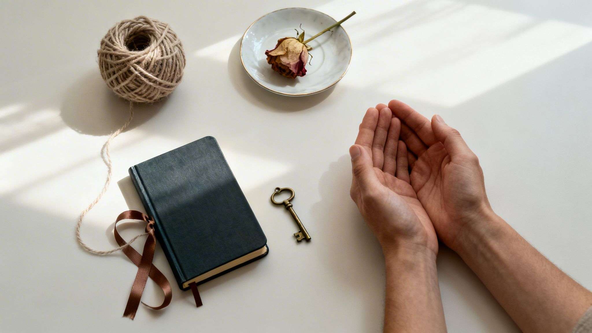 Overhead view of cupped hands, a journal, yarn, dried rose, and a vintage key on a white table.