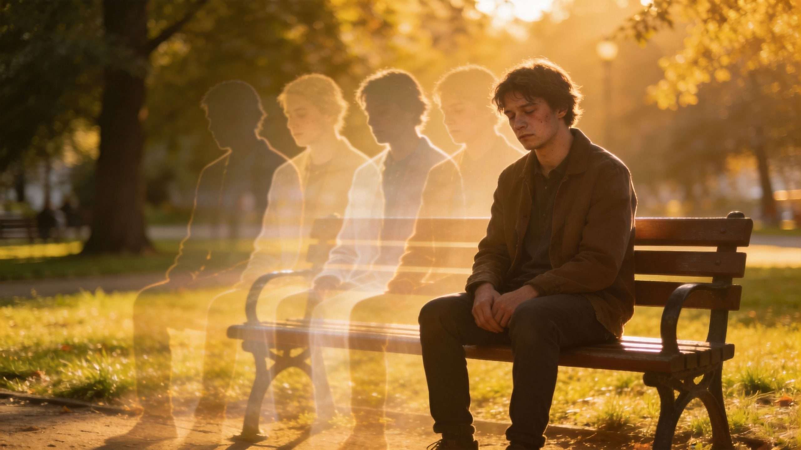 A man sits on a park bench while multiple glowing translucent figures sit behind him, representing ADHD masking.