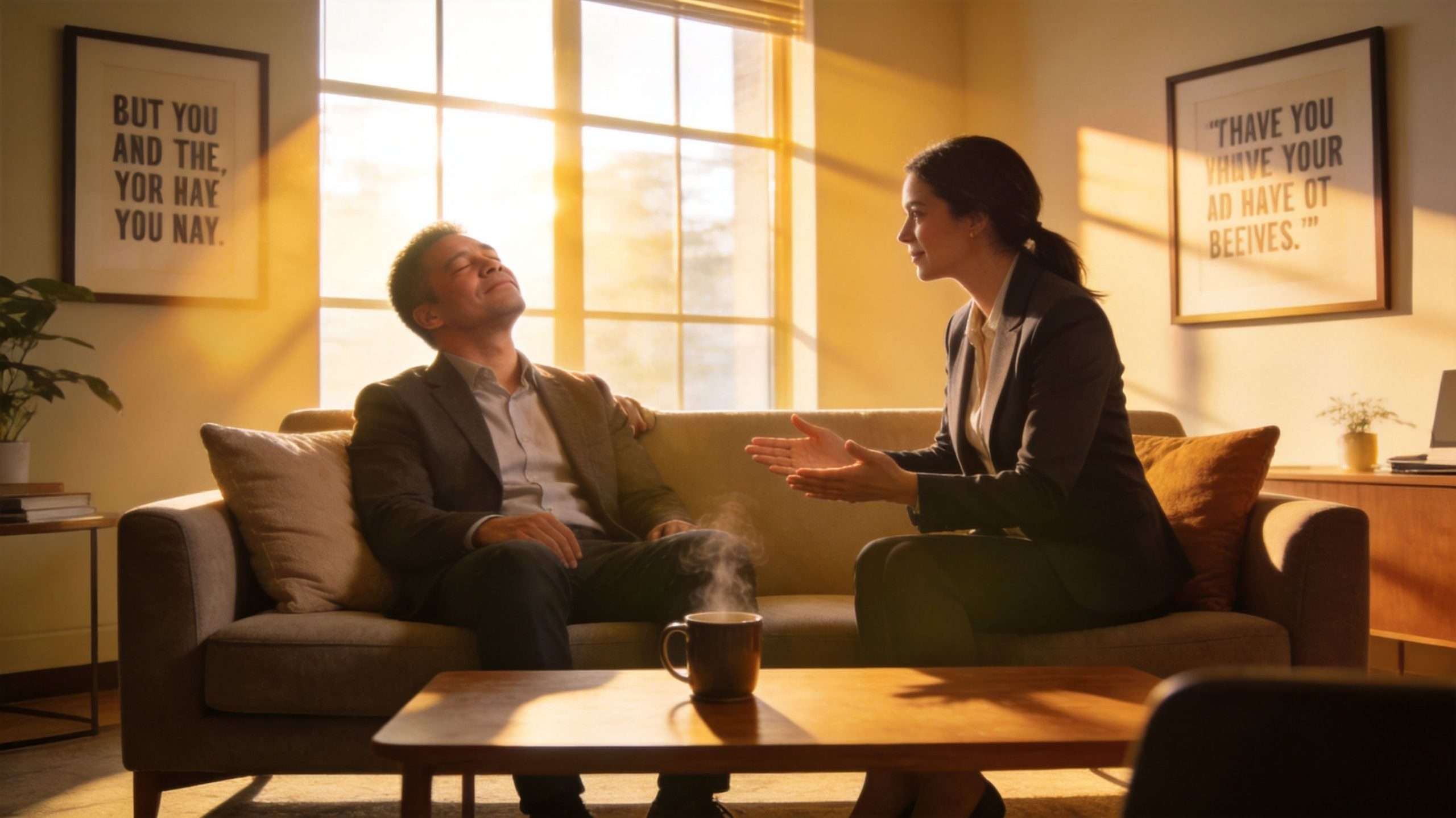 A professional woman talking to a relaxed man on a sofa during a therapy or counseling session.