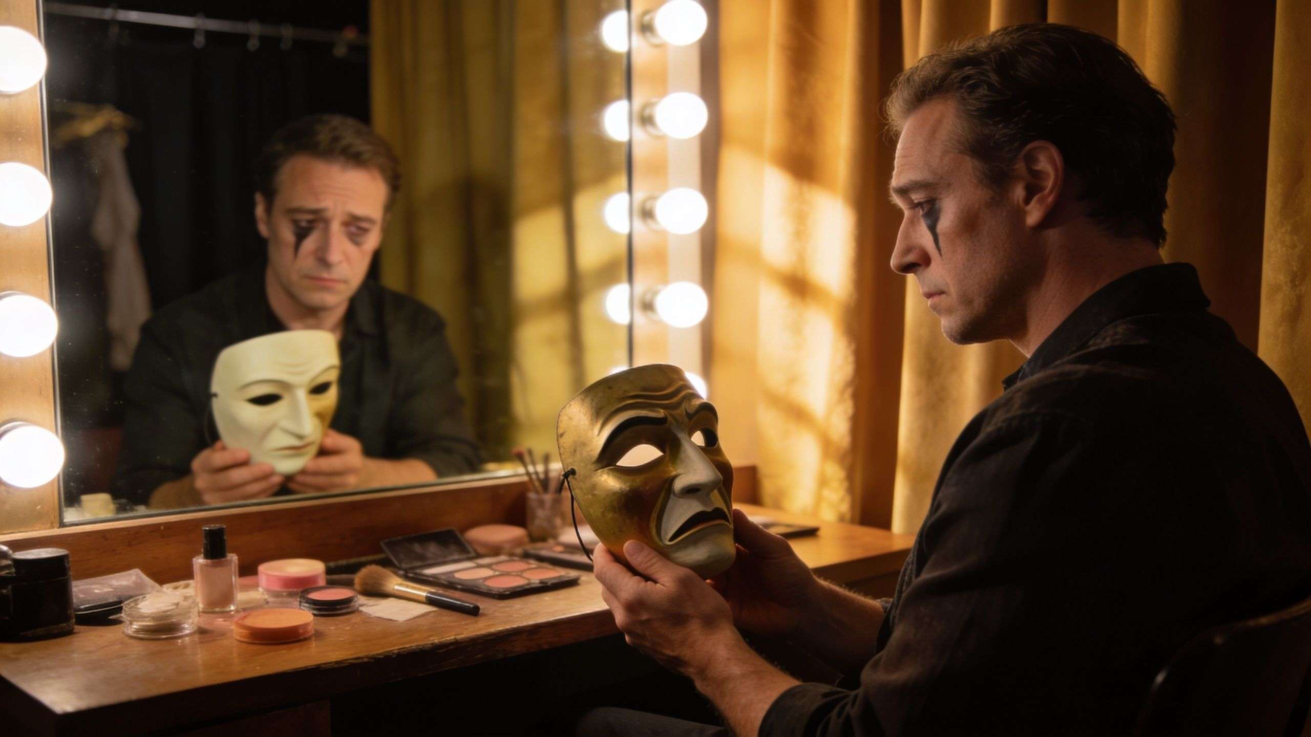 A man looking at a theatrical mask in a dressing room mirror, illustrating emotional concealment.