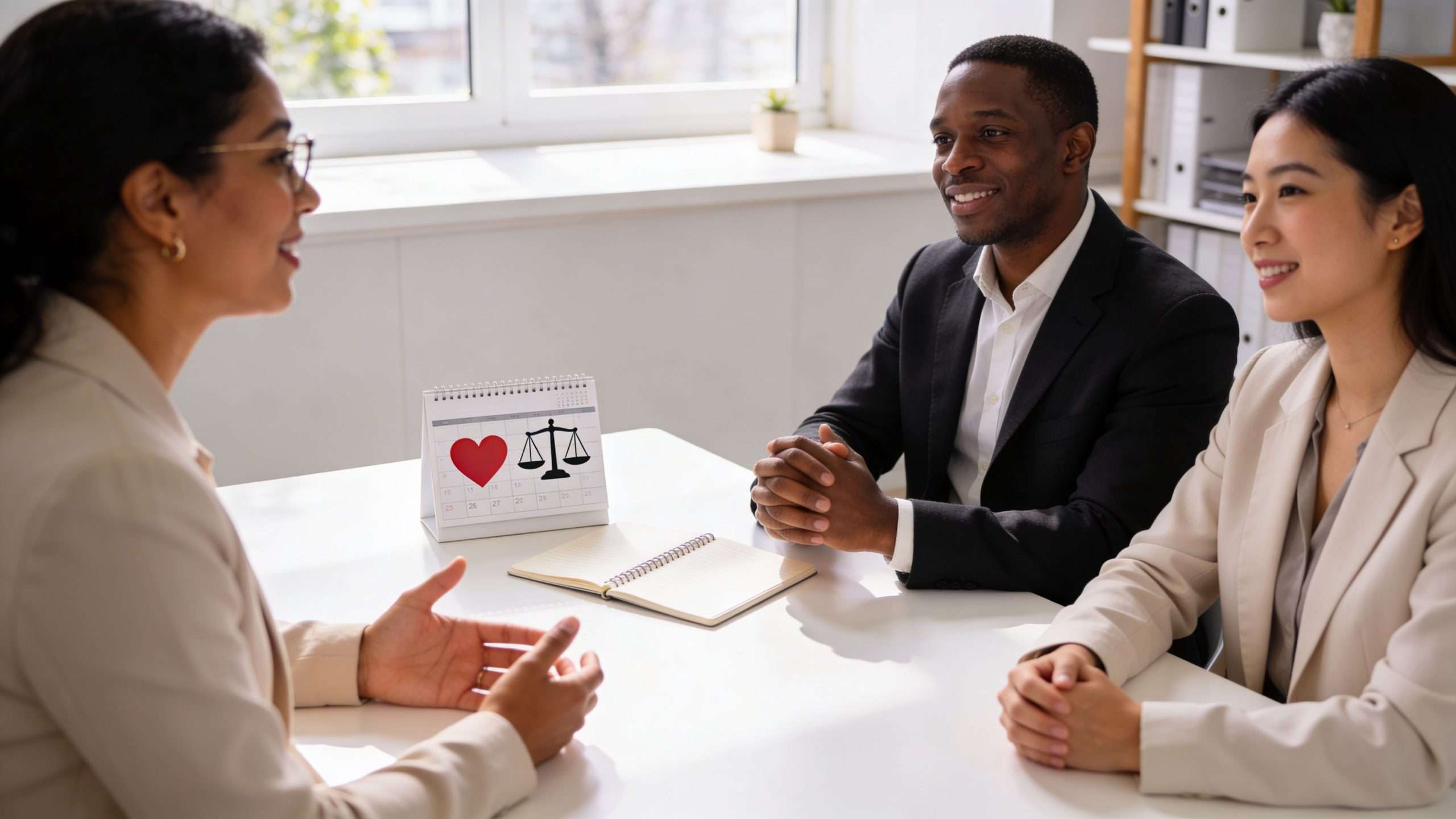 A professional couple sitting at a table with a counselor for pre-marital counselling in a bright office.
