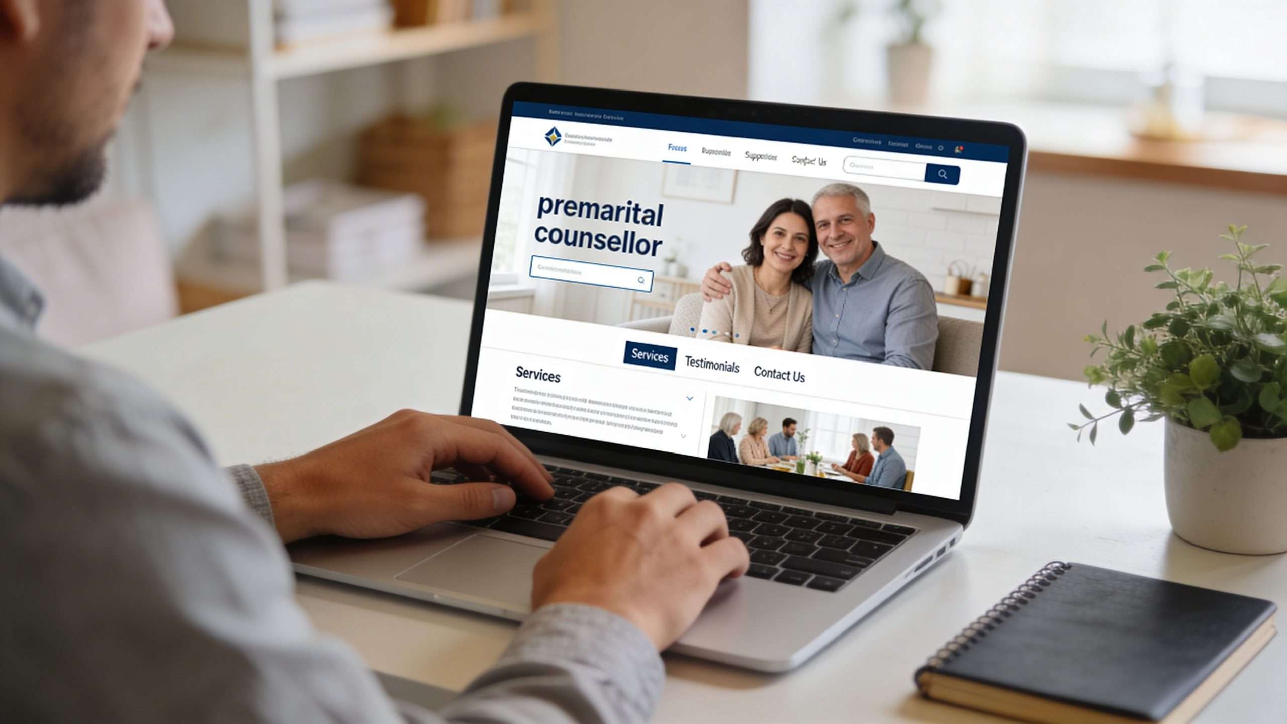 A person using a laptop to browse a website dedicated to pre-marital counselling services at home.