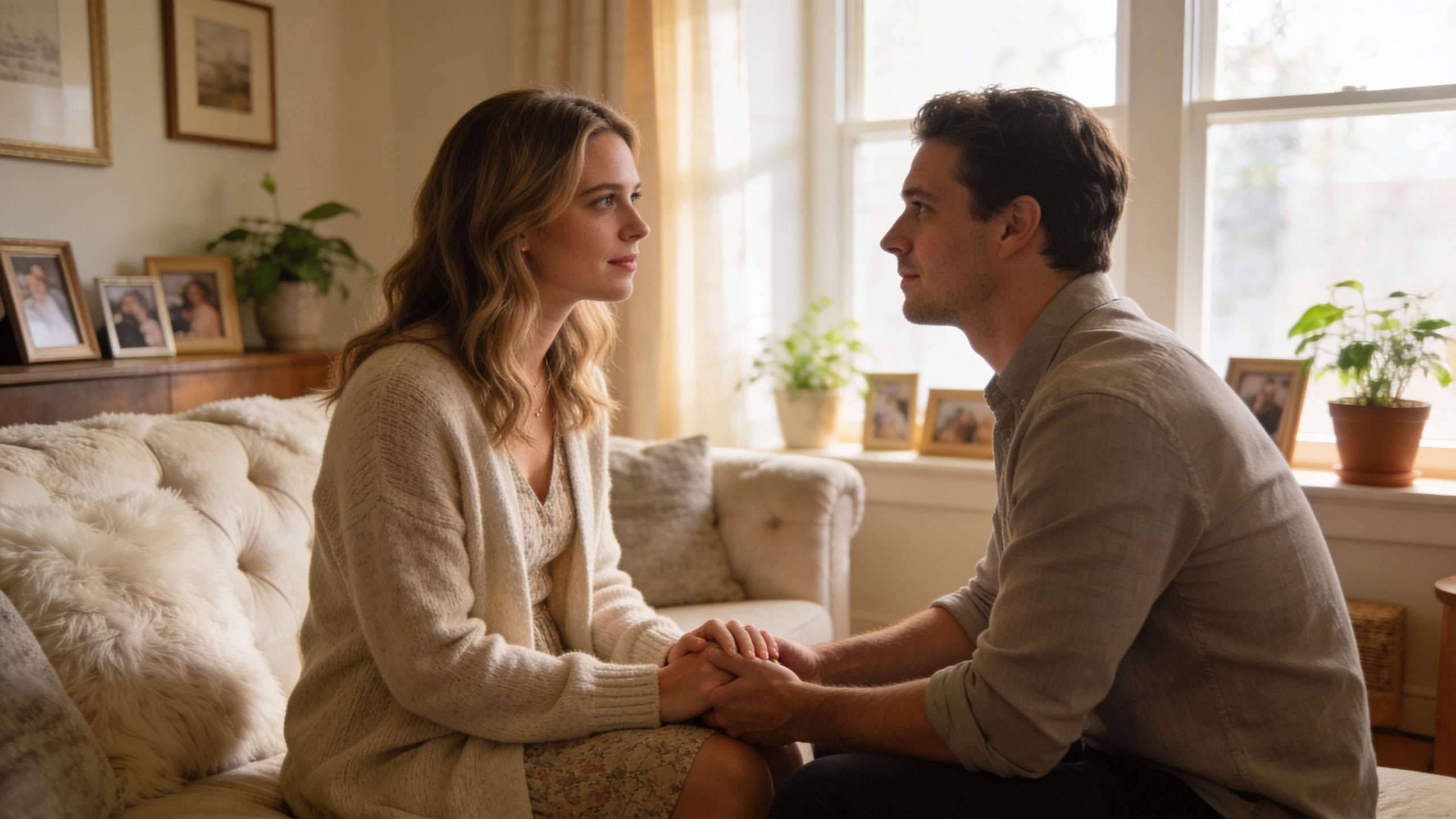 A young couple sitting on a sofa looking lovingly at each other while holding hands at home.