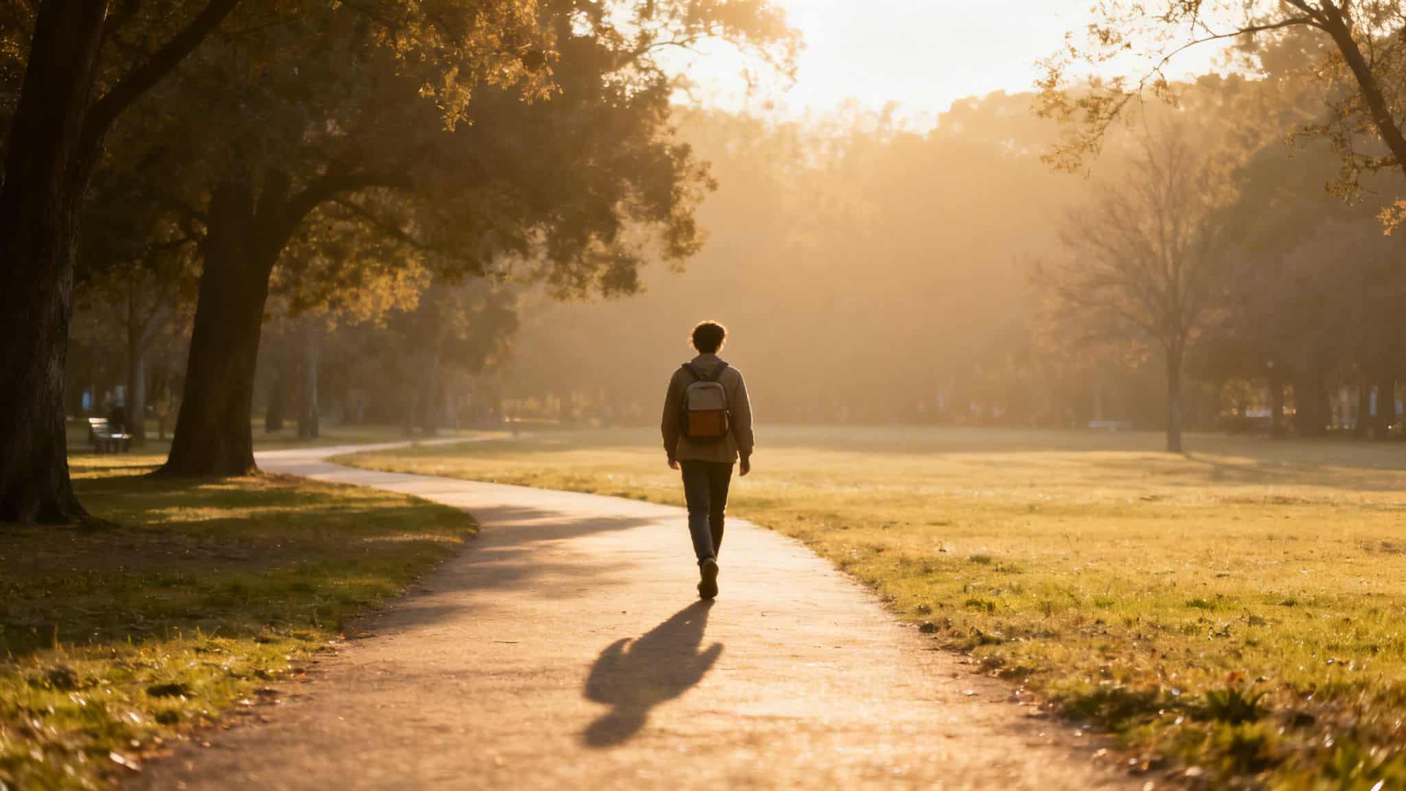 A person with a backpack walks on a winding park path during a golden sunset.