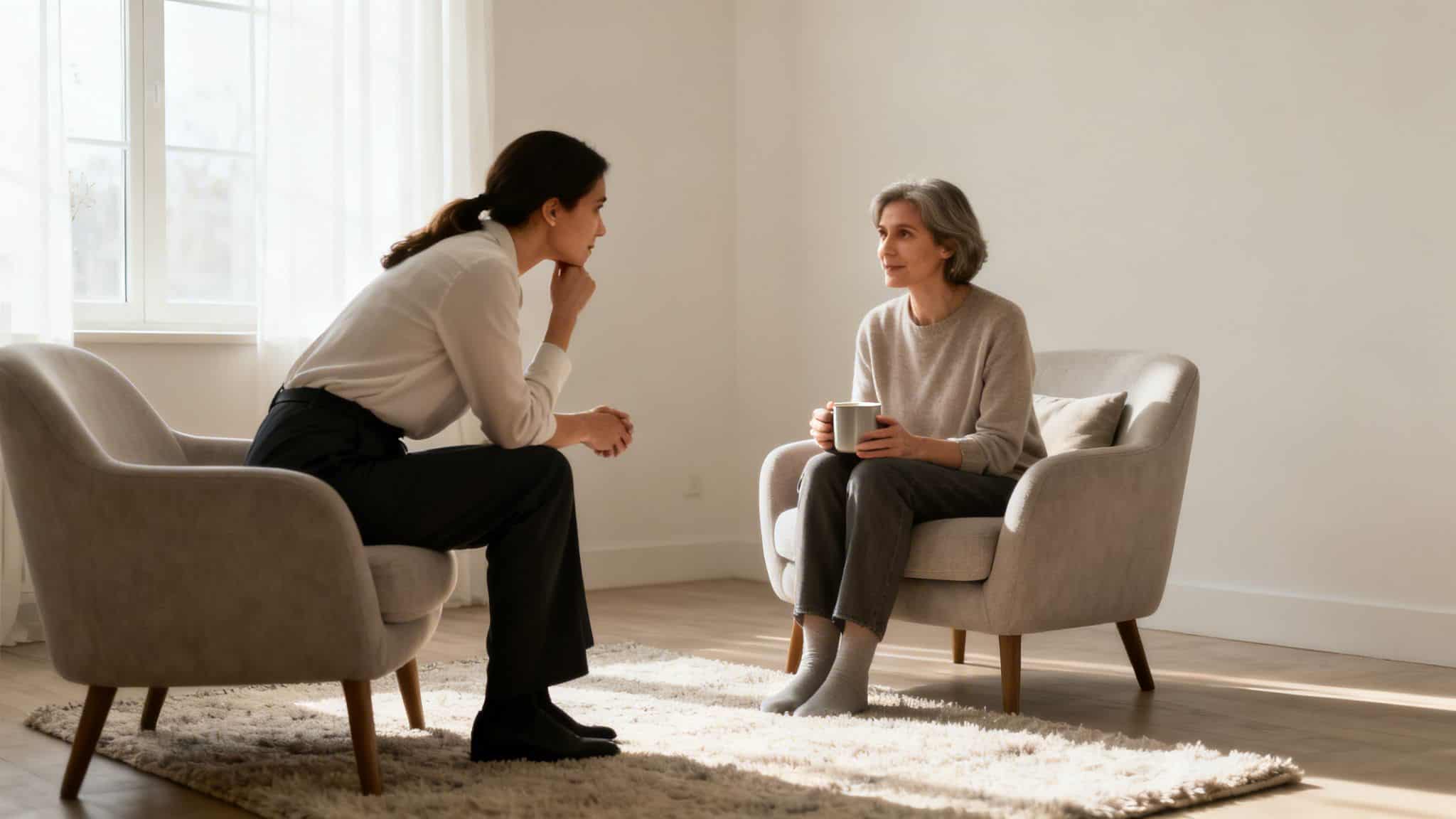 Two women engage in a calm, supportive conversation in a brightly lit room.