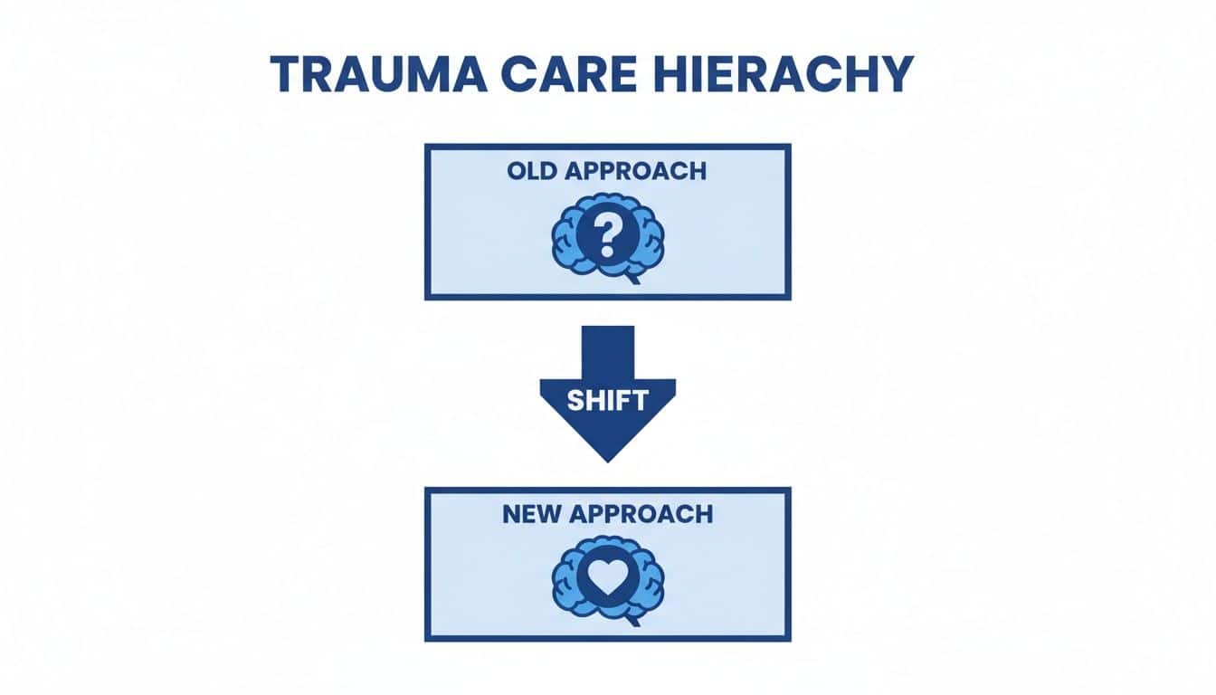 A hierarchy illustrating the shift in trauma care from an old, uncertain approach to a new, compassionate one.