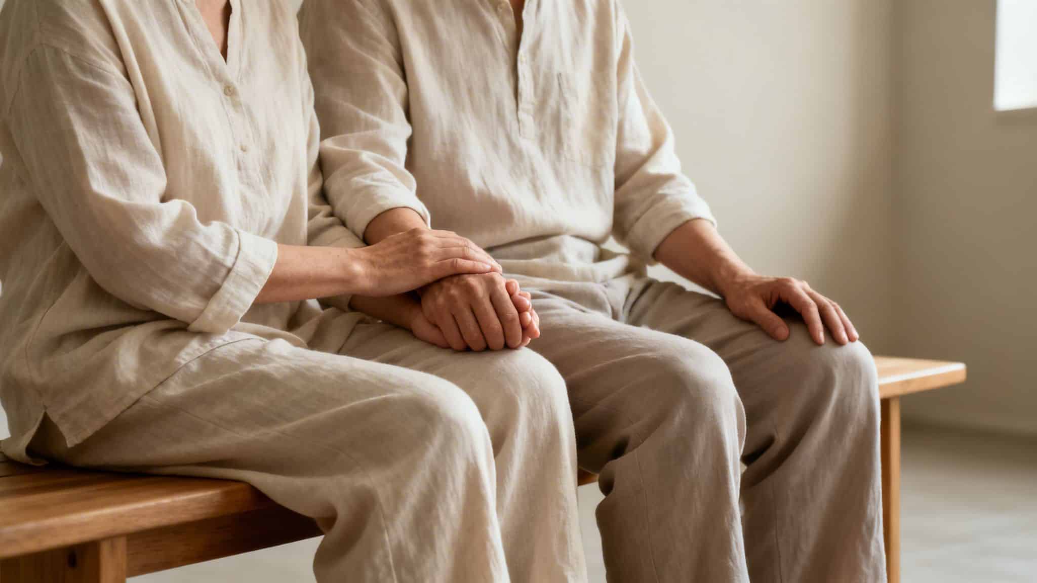A couple in light linen clothes sitting on a wooden bench, holding hands, showing comfort and support.