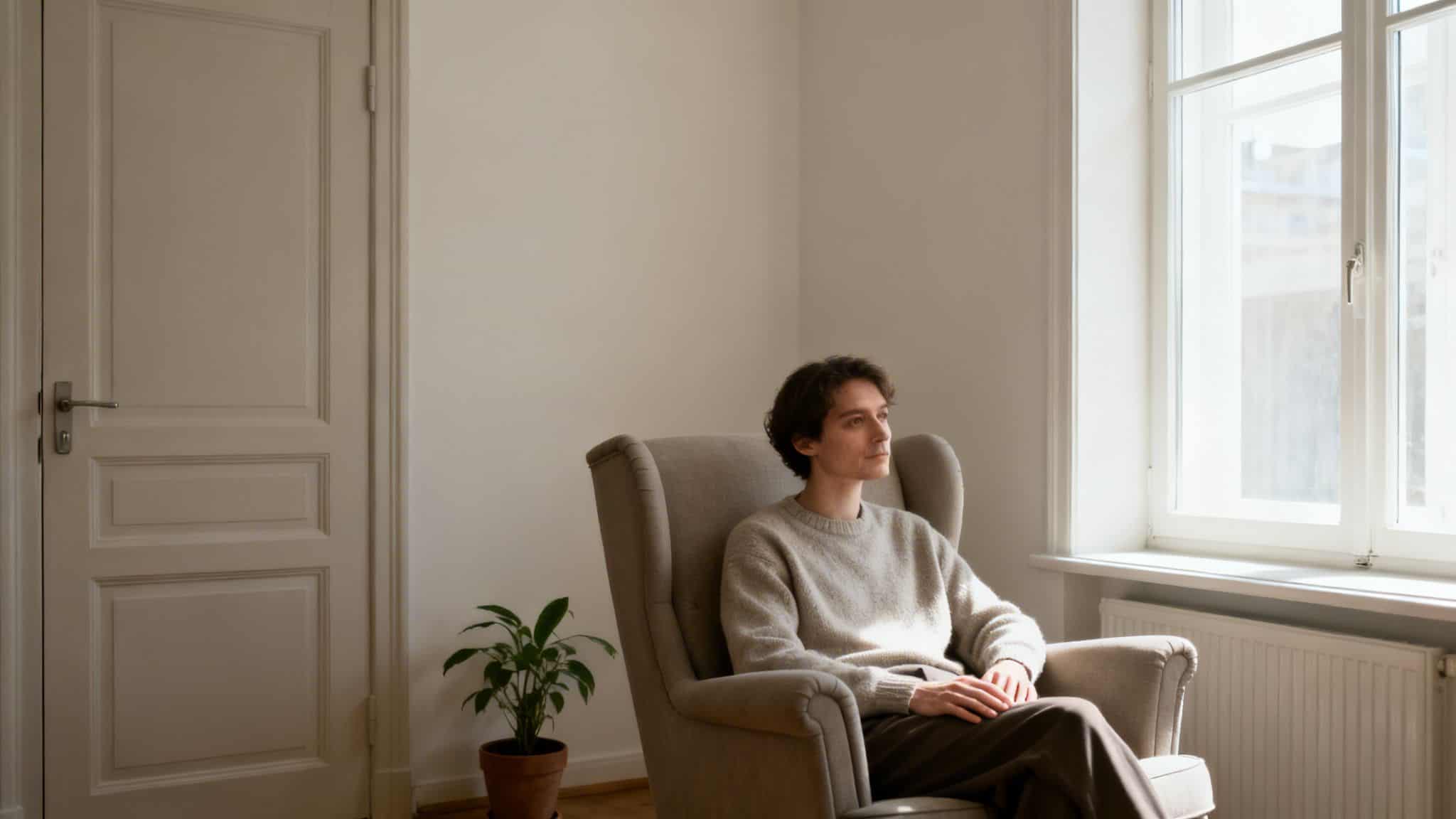 A young man sits contemplatively in an armchair by a sunlit window, a plant nearby.
