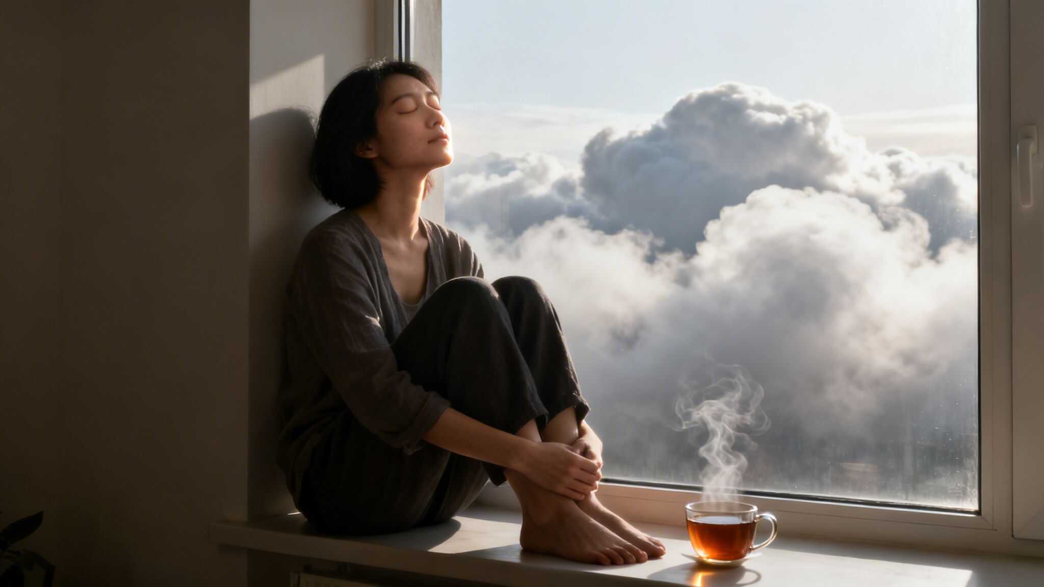 A woman meditates by a window, enjoying sunlight and a cloudy sky with a steaming cup of tea.