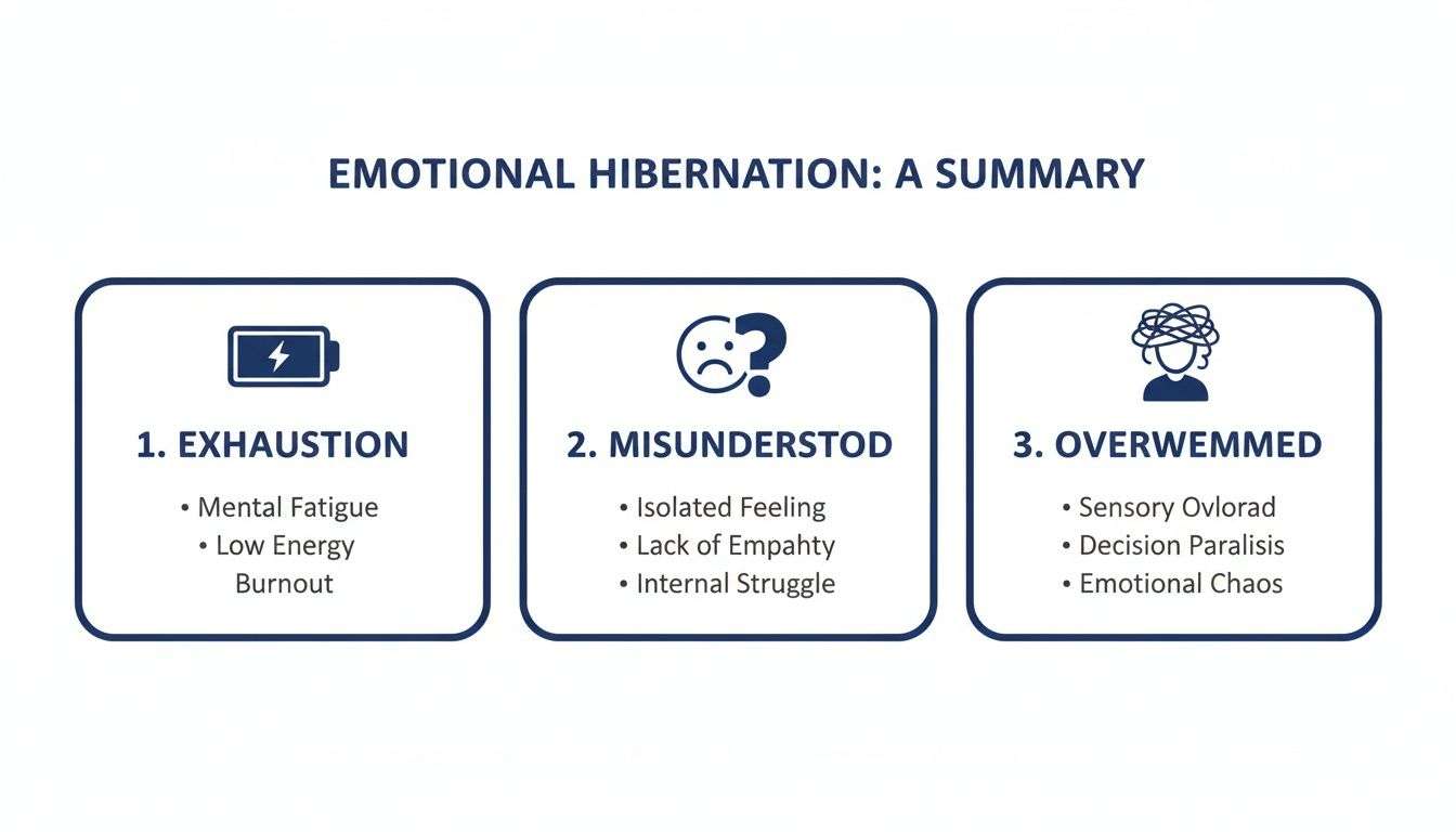 A diagram illustrating emotional hibernation symptoms: exhaustion, feeling misunderstood, and being overwhelmed.