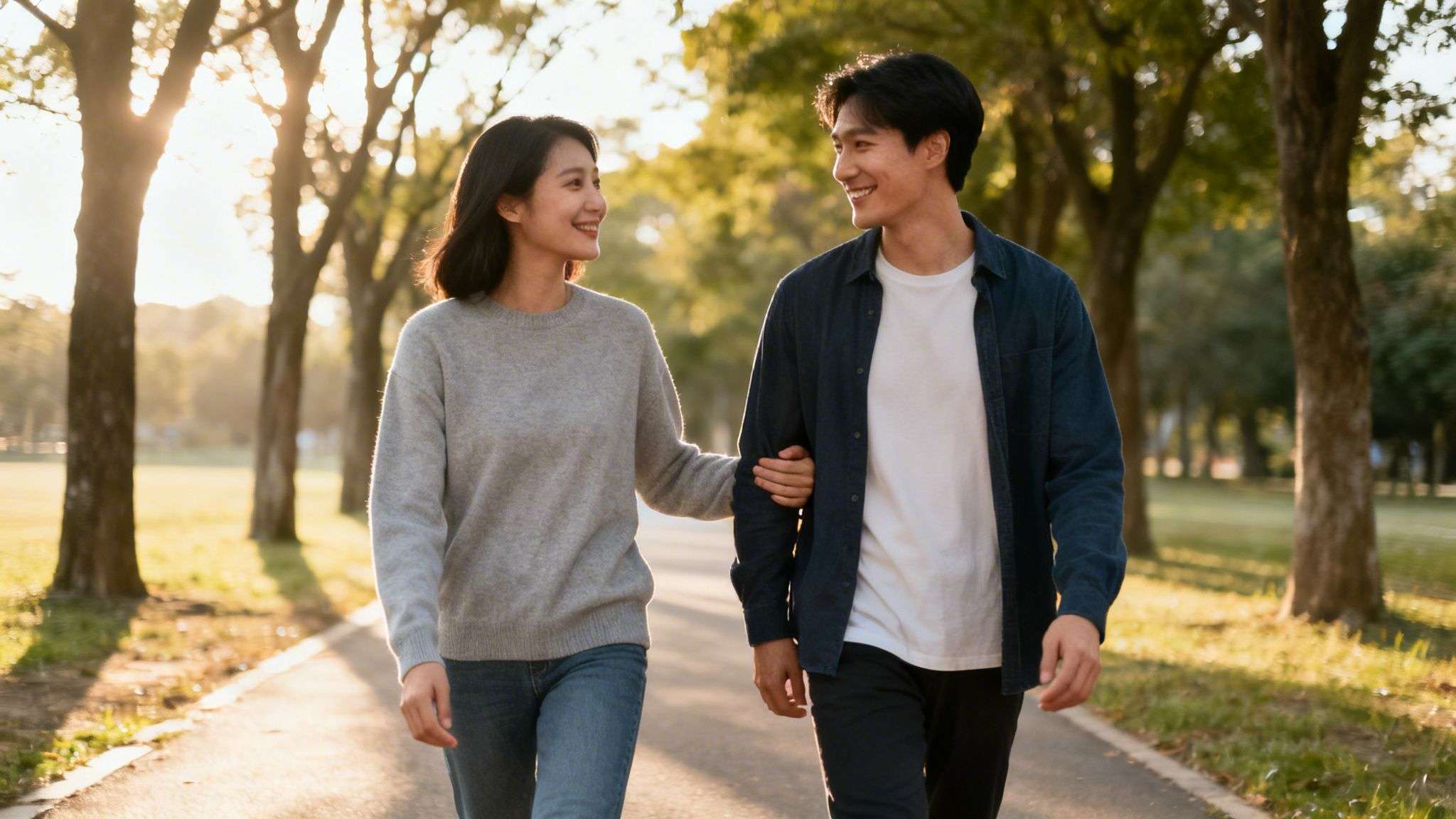 A smiling Asian couple walks arm-in-arm on a sunny path lined with trees.