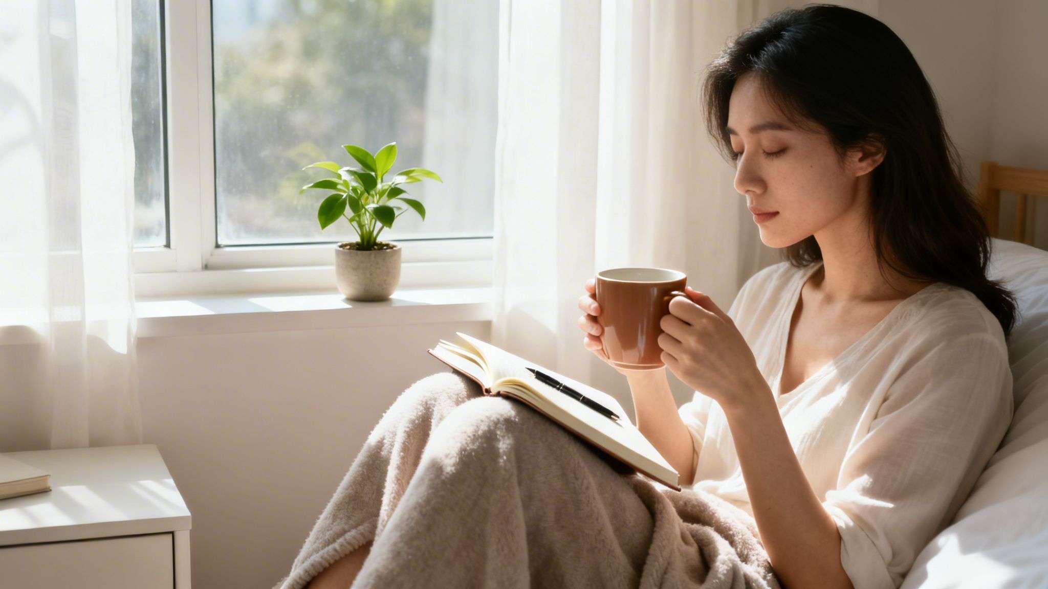Young woman enjoying a warm drink while writing in a journal by a bright window.