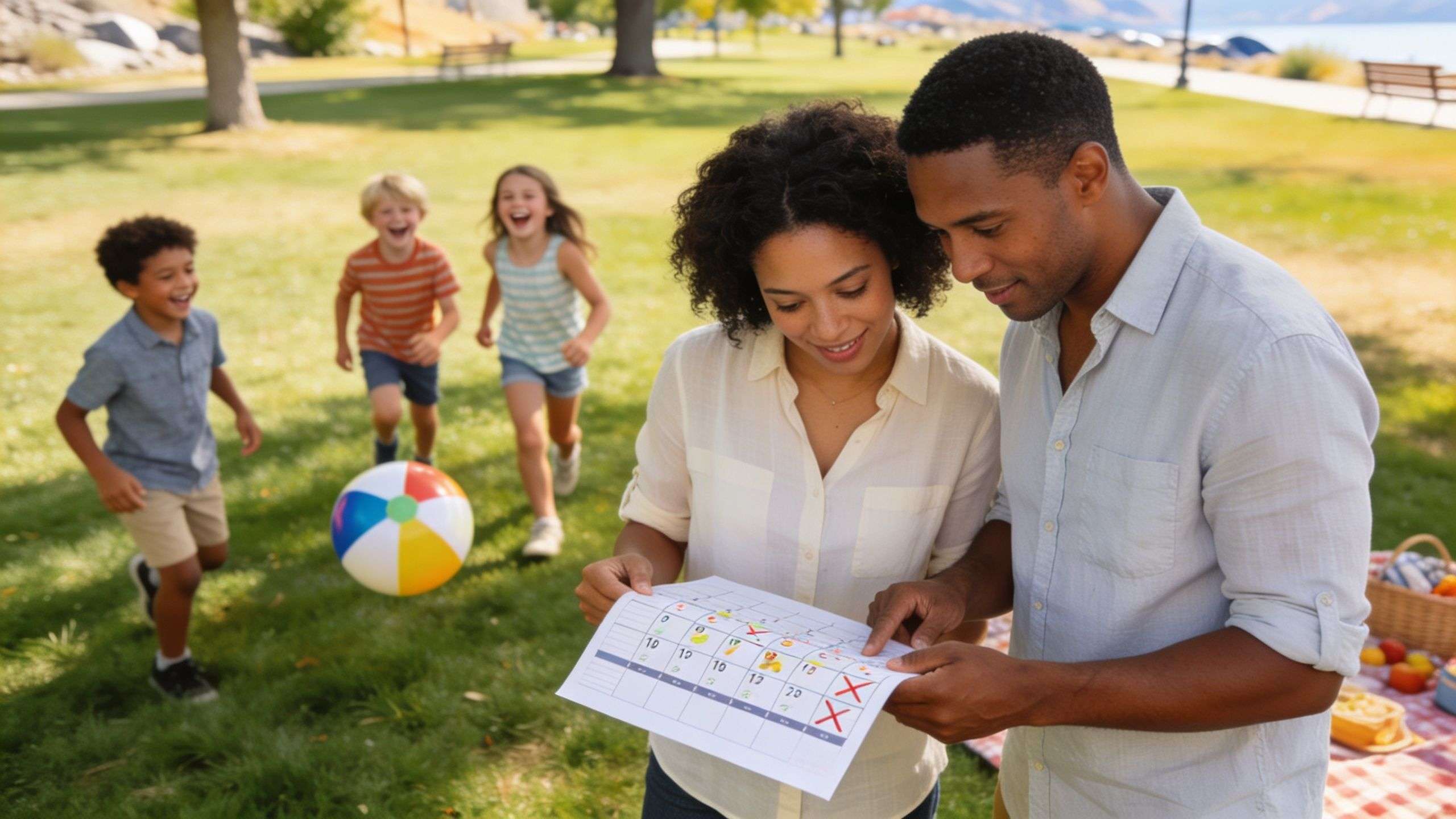 A happy family enjoys a sunny day at the park while parents review a calendar together.