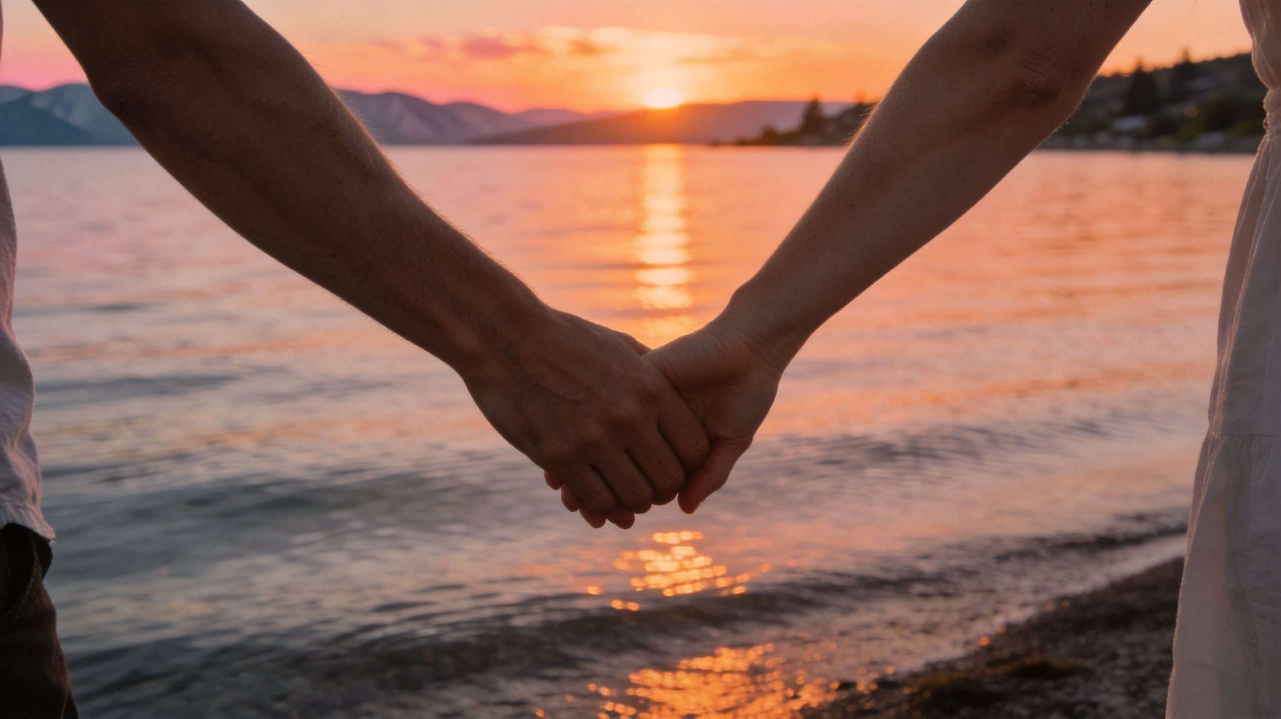 A couple holding hands while walking along a beach during a beautiful orange sunset.