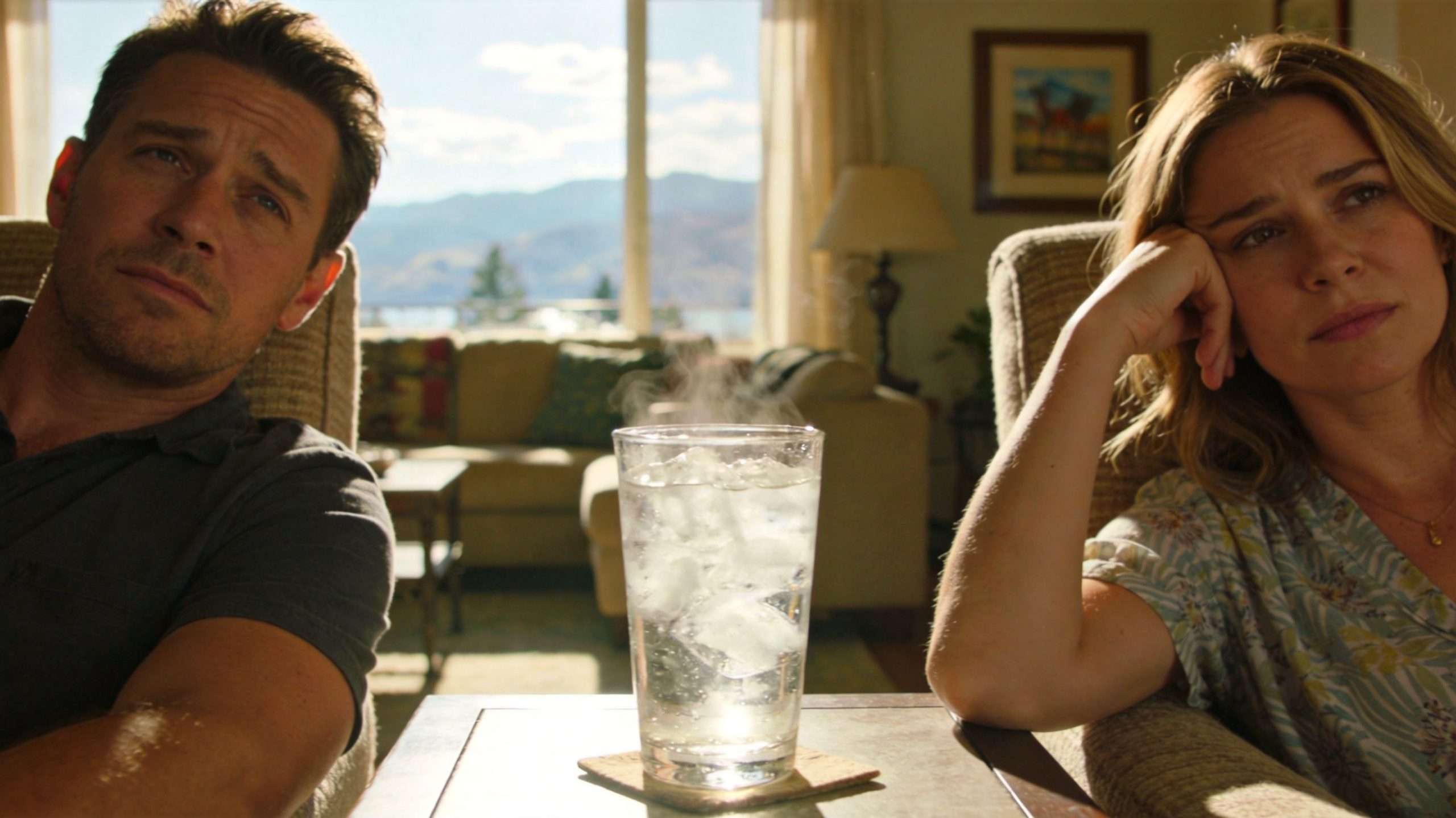 A couple sits on chairs in a living room, looking concerned, with an icy drink between them.
