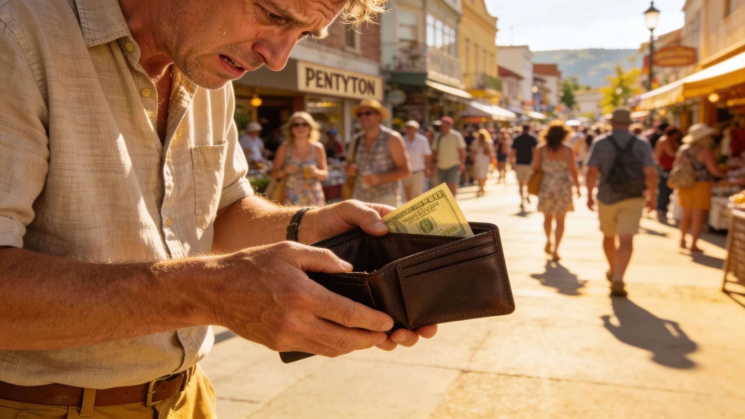 A distressed man looking into his empty brown leather wallet while standing on a crowded sunny street.