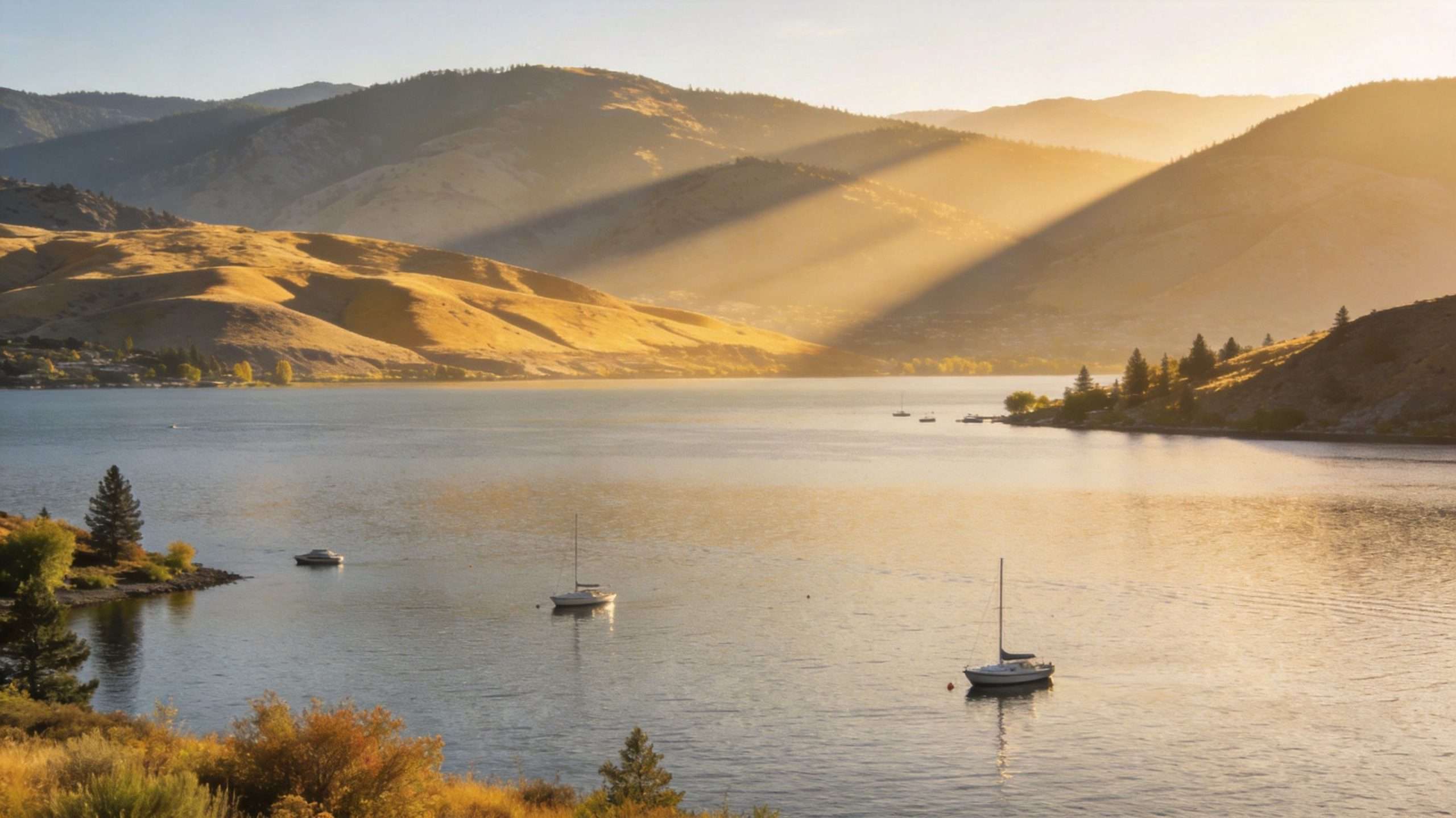 A serene lake in Penticton, British Columbia, features sailboats at golden hour beneath dramatic sunbeams over mountains.