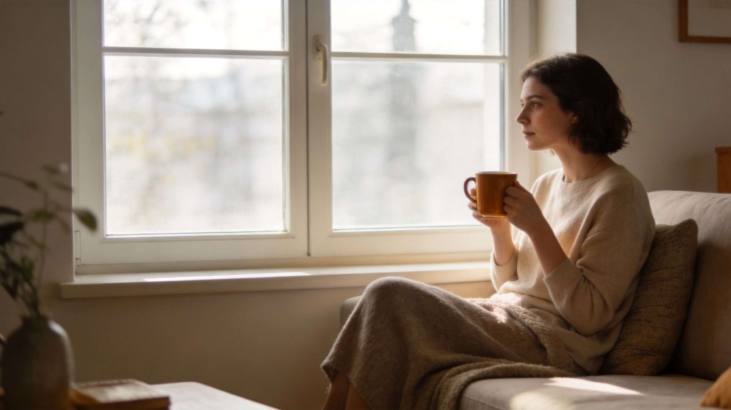 A pensive young woman holding a warm mug while looking out of a window on a couch.