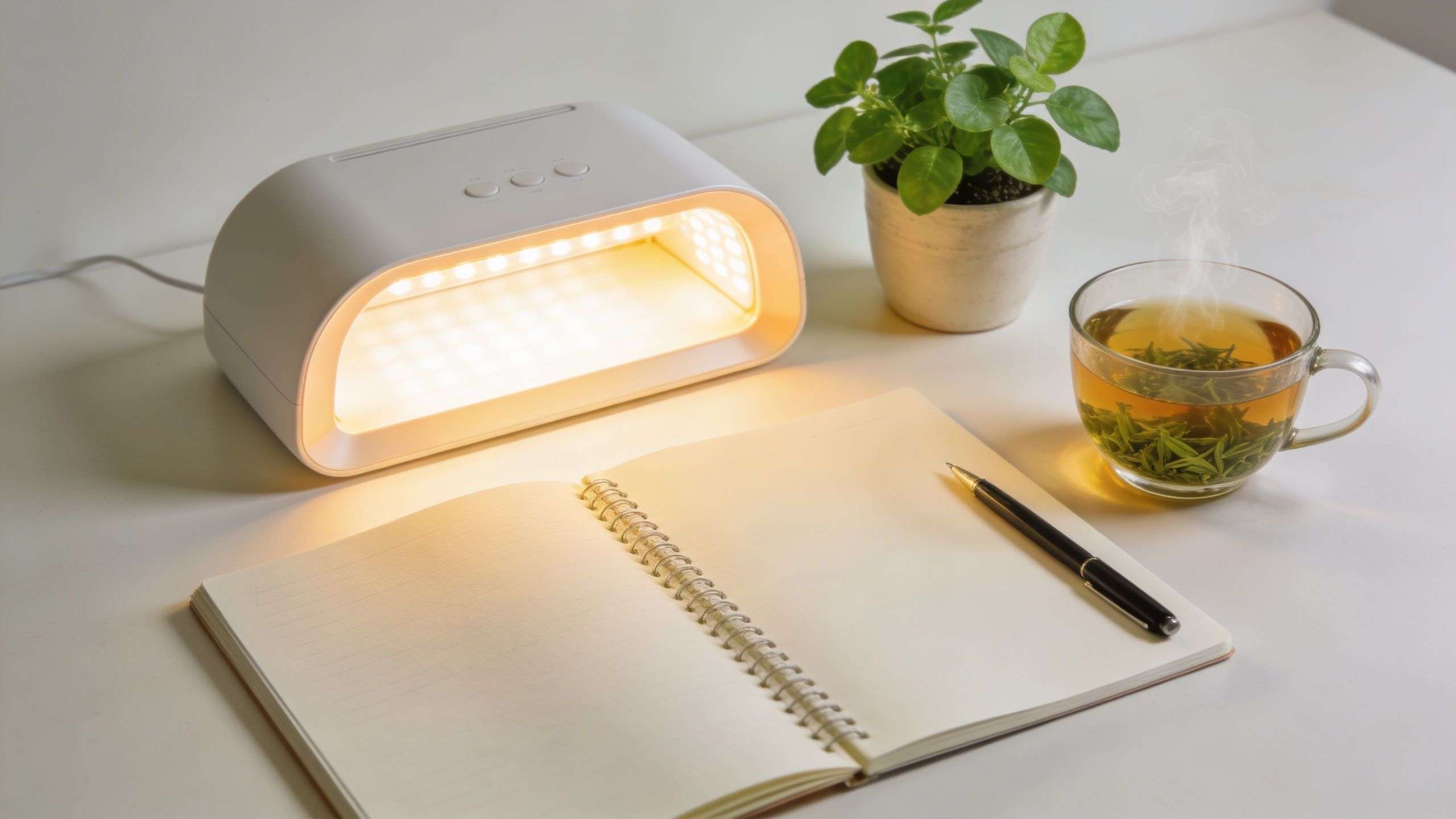 A SAD lamp illuminates an open notebook, a plant, and a steaming cup of herbal tea.