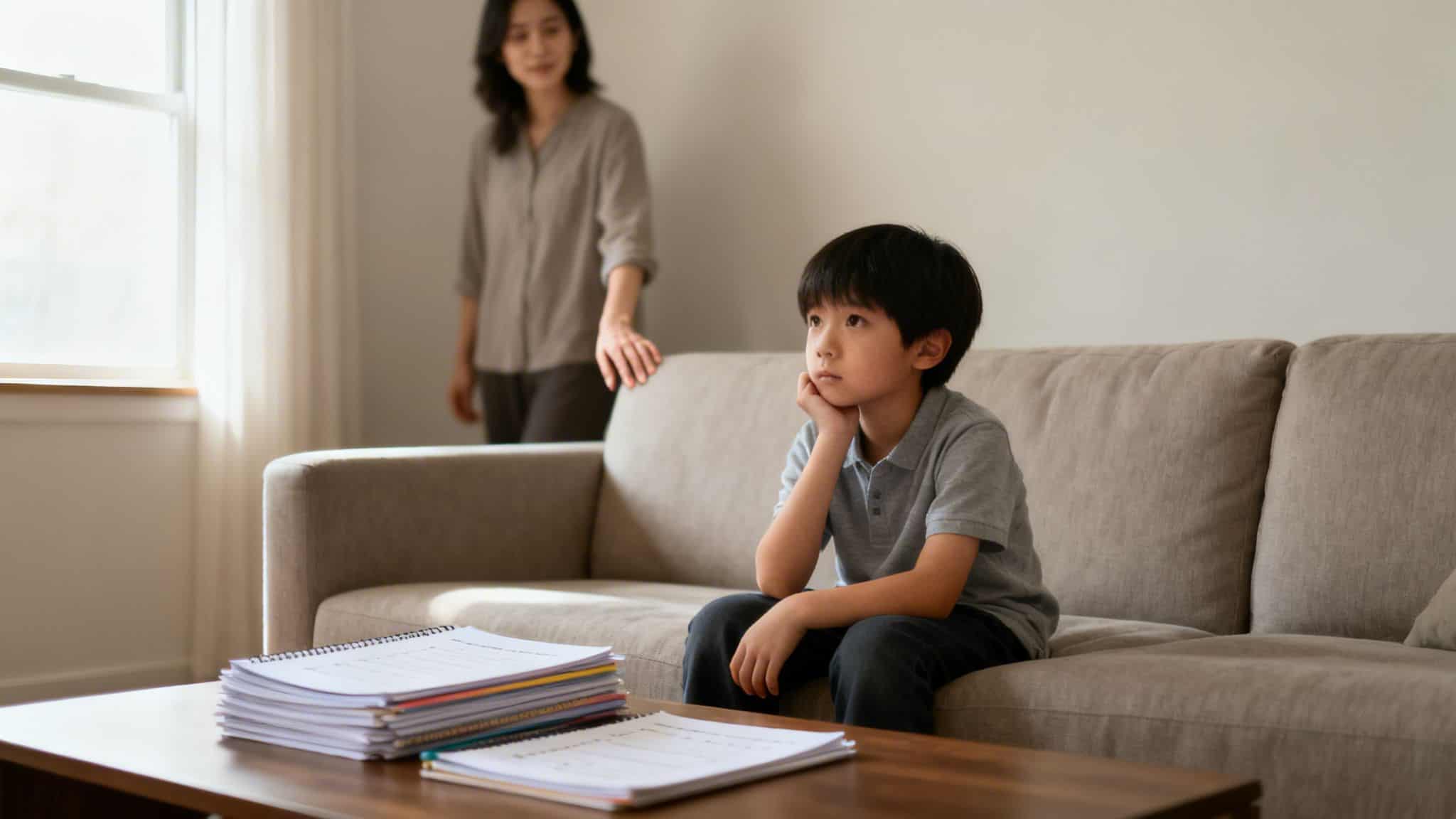 A young boy looks sad or thoughtful on a couch, with homework books nearby and his mother standing behind him.