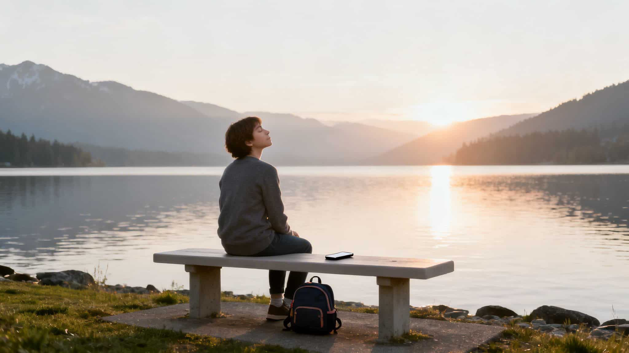 A person sits peacefully on a bench by a tranquil lake at sunset, surrounded by mountains.
